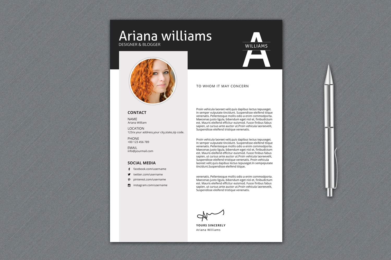 Download Резюме "A Williams Professional Resume Template" / A Williams Professional Resume Template - Резюме на тему графика resume designer cv template creative modern black white biodata professional simple minimal clean job student design layout