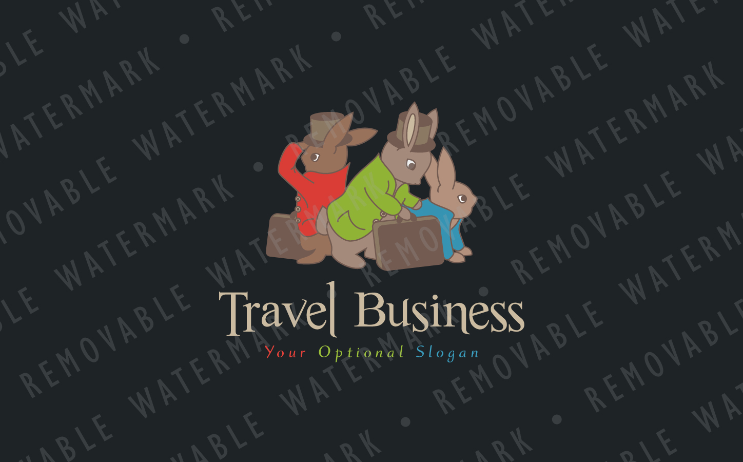 Download Шаблон логотипа "Bunny Travelers Logo Template" / Bunny Travelers Logo Template - Шаблон логотипа на тему графика trip fun adventure suitcase travel character family cartoon playful hat bunny rabbit hare mascot logo design template journey tourism illustration