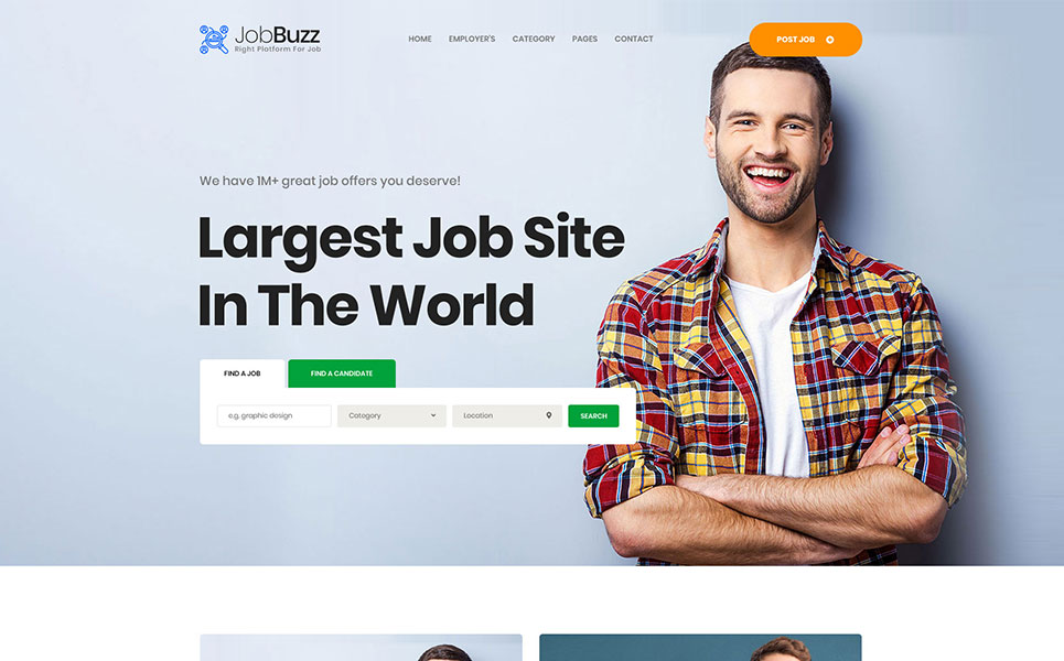 Download PSD шаблон "JobBuzz - A Clean Job Board Website PSD Template" / JobBuzz - A Clean Job Board Website PSD Template - Адаптивный PSD шаблон на тему трудоустройство job portal jobbuzz uithemes ux ui themes template psd clean services search directory