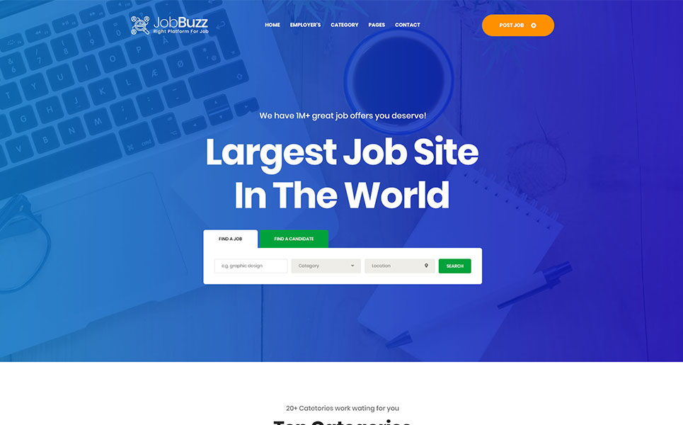 Download PSD шаблон "JobBuzz - A Clean Job Board Website PSD Template" / JobBuzz - A Clean Job Board Website PSD Template - Адаптивный PSD шаблон на тему трудоустройство job portal jobbuzz uithemes ux ui themes template psd clean services search directory