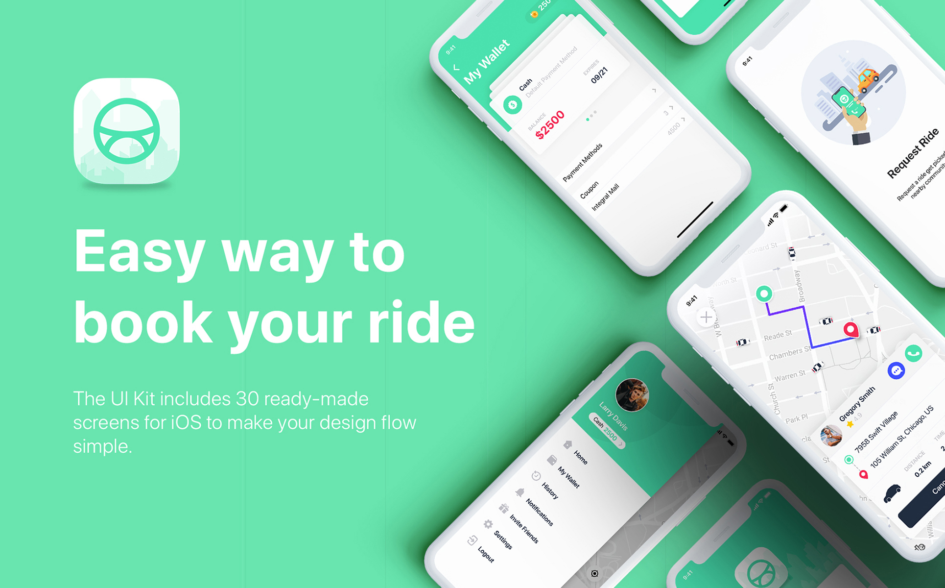 Download UI элементы "Taxi Booking App UI Kit " / Taxi Booking App UI Kit  - UI элементы на тему графика driver app taxi ui map tracking booking flat interface ios material social kit aber uber passenger car cab mobile