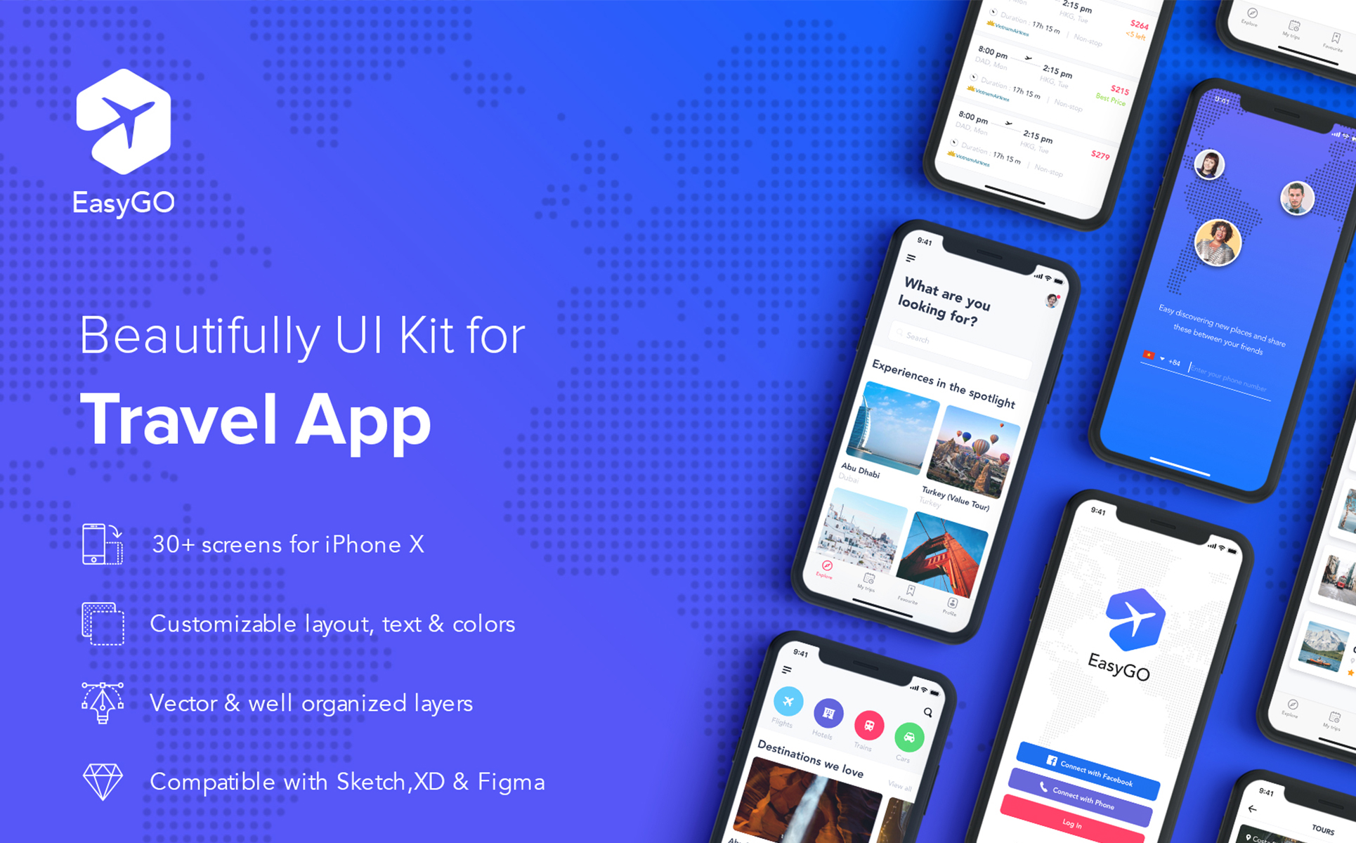 Download UI элементы "EasyGo - Travel App UI Kit " / EasyGo - Travel App UI Kit  - UI элементы на тему графика app ui travel chat interface kit mobile login sign up checkout booking search vacation holiday trip calendar travelling theme template