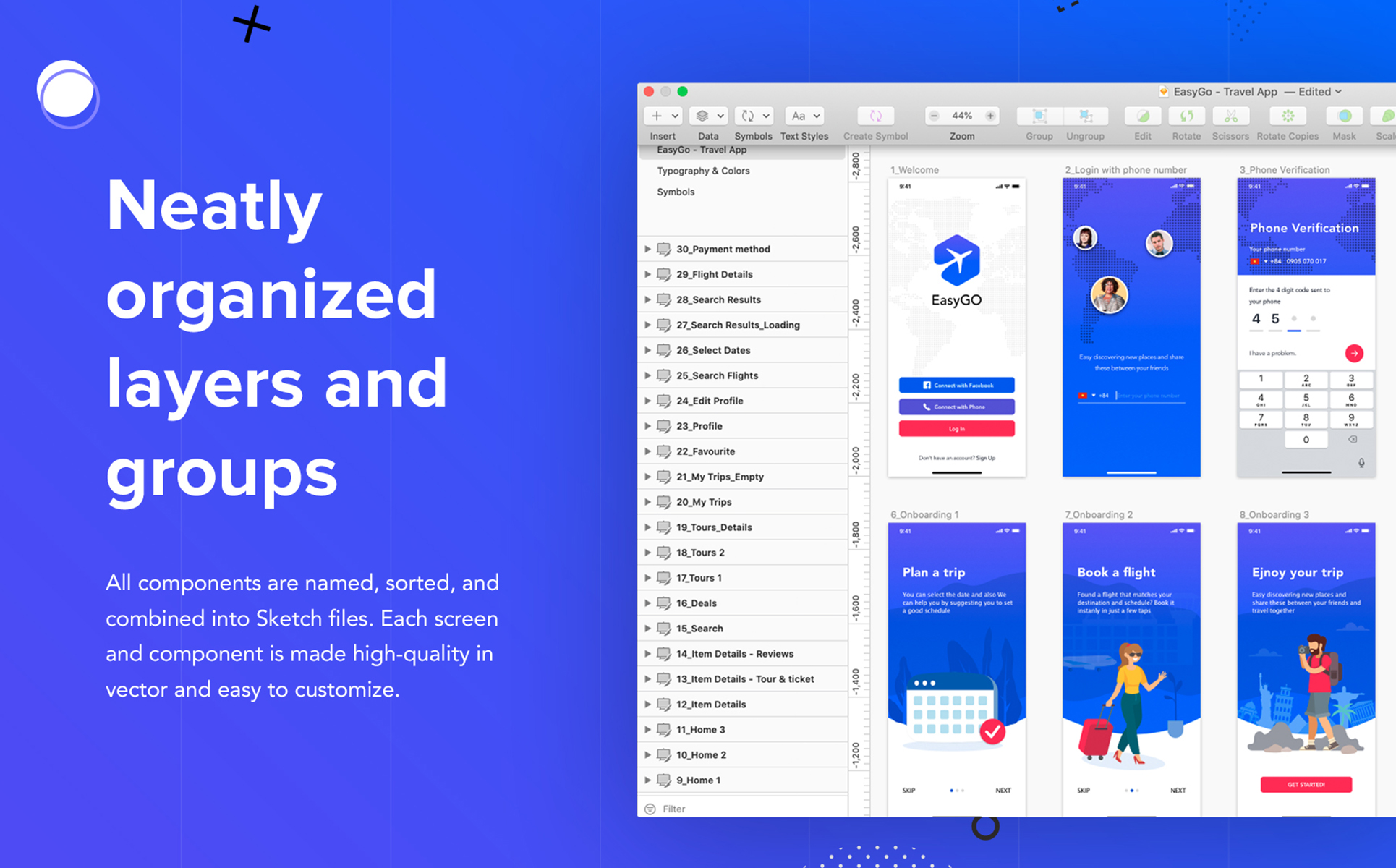 Download UI элементы "EasyGo - Travel App UI Kit " / EasyGo - Travel App UI Kit  - UI элементы на тему графика app ui travel chat interface kit mobile login sign up checkout booking search vacation holiday trip calendar travelling theme template