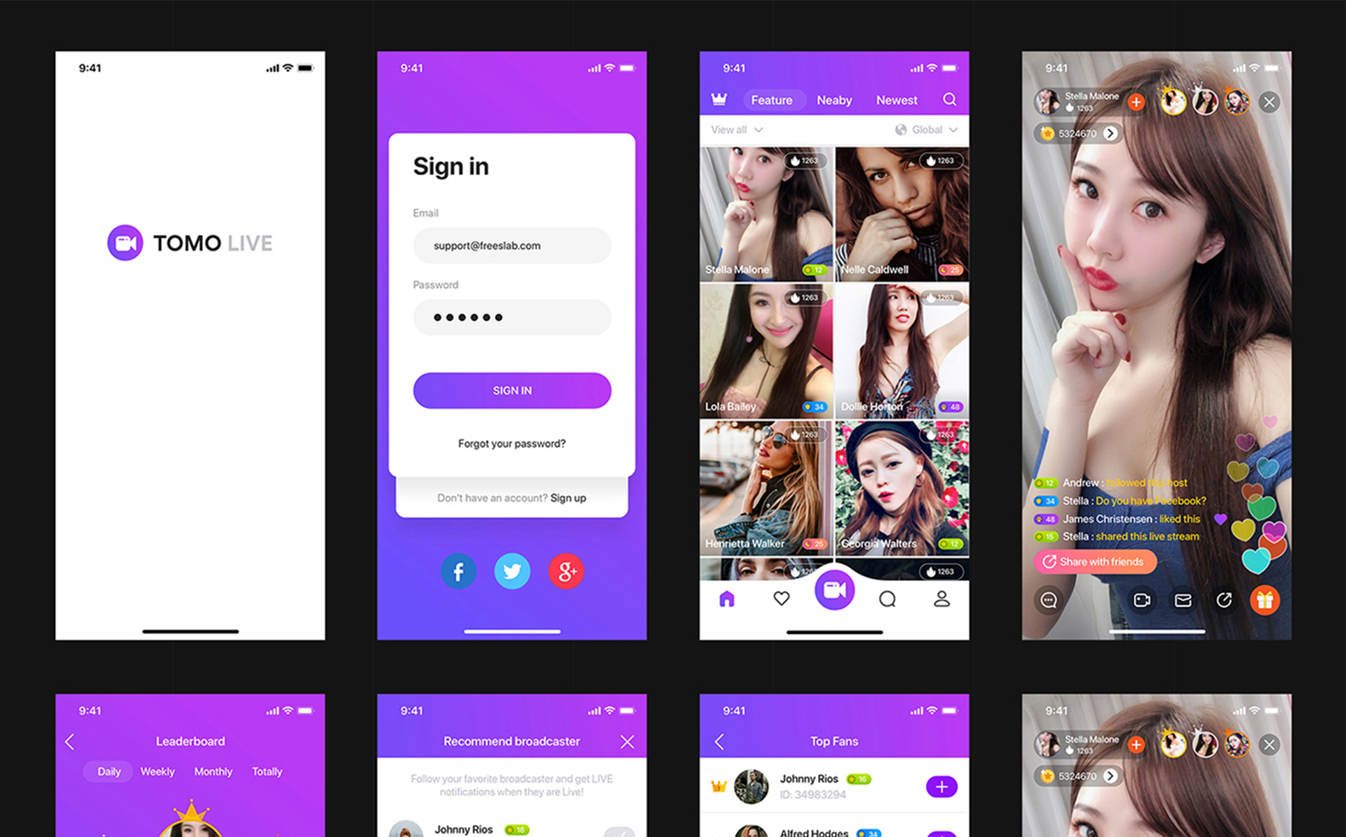 Download UI элементы "TOMO Video Live-streaming app UI Kit " / TOMO Video Live-streaming app UI Kit  - UI элементы на тему графика ios vector mobile ui kit social video chat streaming app theme template stream live podcast streamer