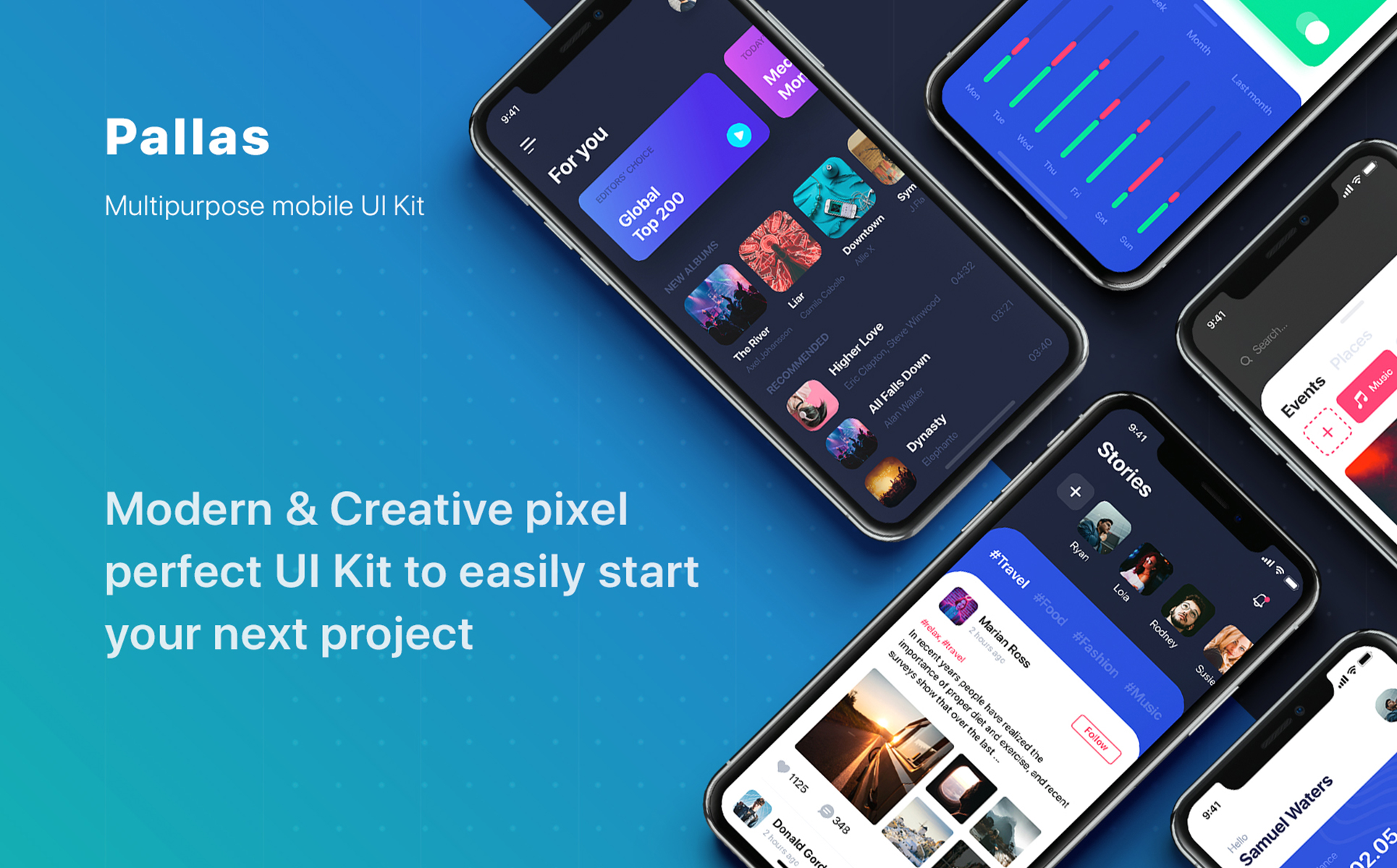 Download UI элементы "Pallas Mobile UI Kit " / Pallas Mobile UI Kit  - UI элементы на тему графика app ui social statistics articles interface material kit mobile login profile map tracking menu boarding theme template components prototype multipurpose