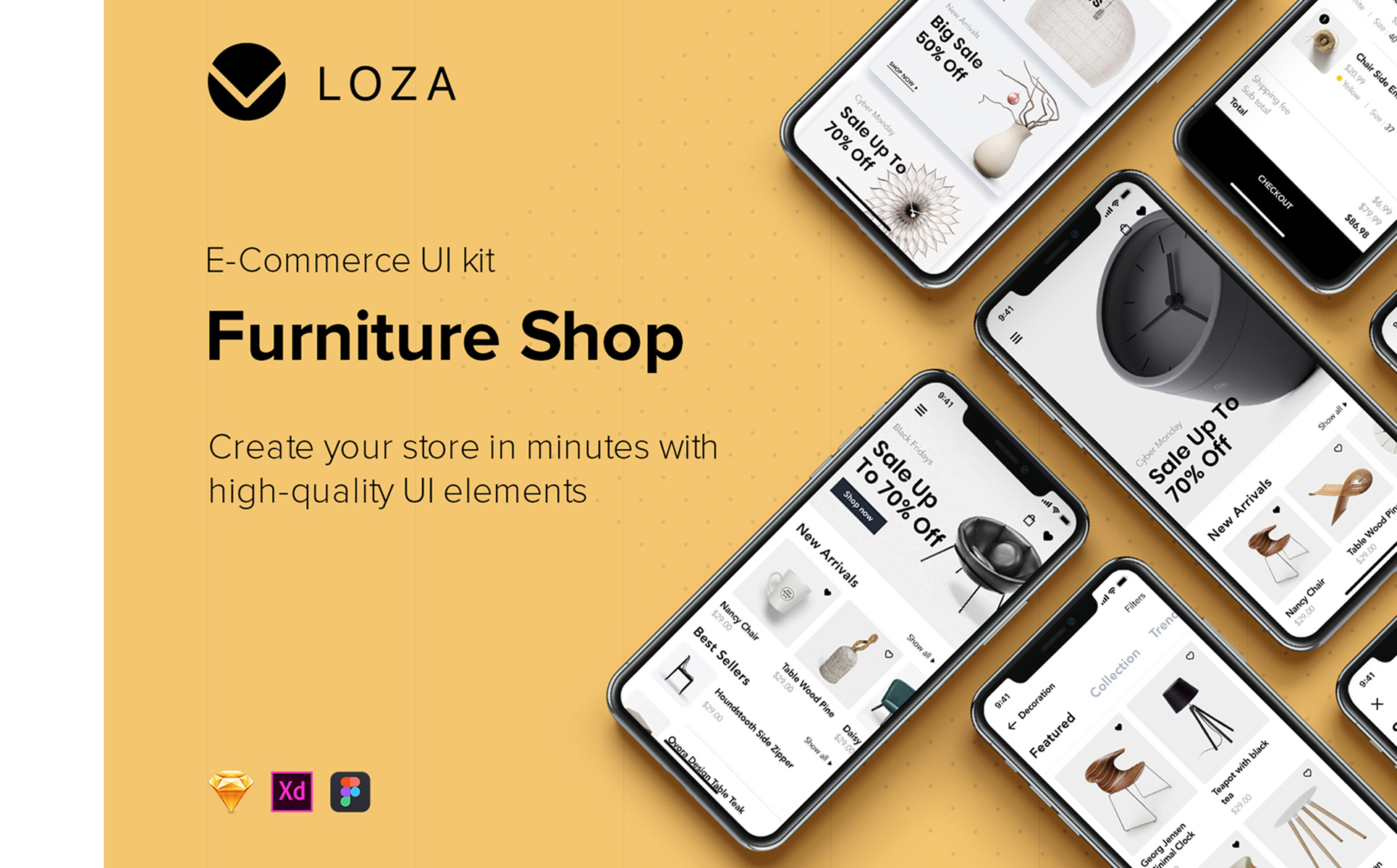 Download UI элементы "Loza - Furniture Shop App UI Kit " / Loza - Furniture Shop App UI Kit  - UI элементы на тему графика social signup sign in profile ui mobile kit form message chat feed material concept furniture shop e-commerceundefined
