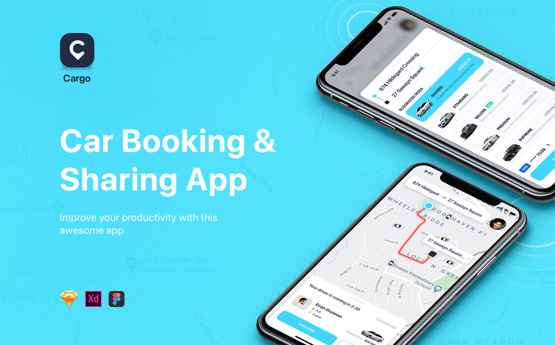 Download UI элементы "Cargo - Car Booking & Sharing App UI Elements" / Cargo - Car Booking & Sharing App UI Elements - UI элементы на тему графика app ui map tracking bundle flat interface ios material kit aber taxi uber delivery booking mobile grab on-demand sharing ordering