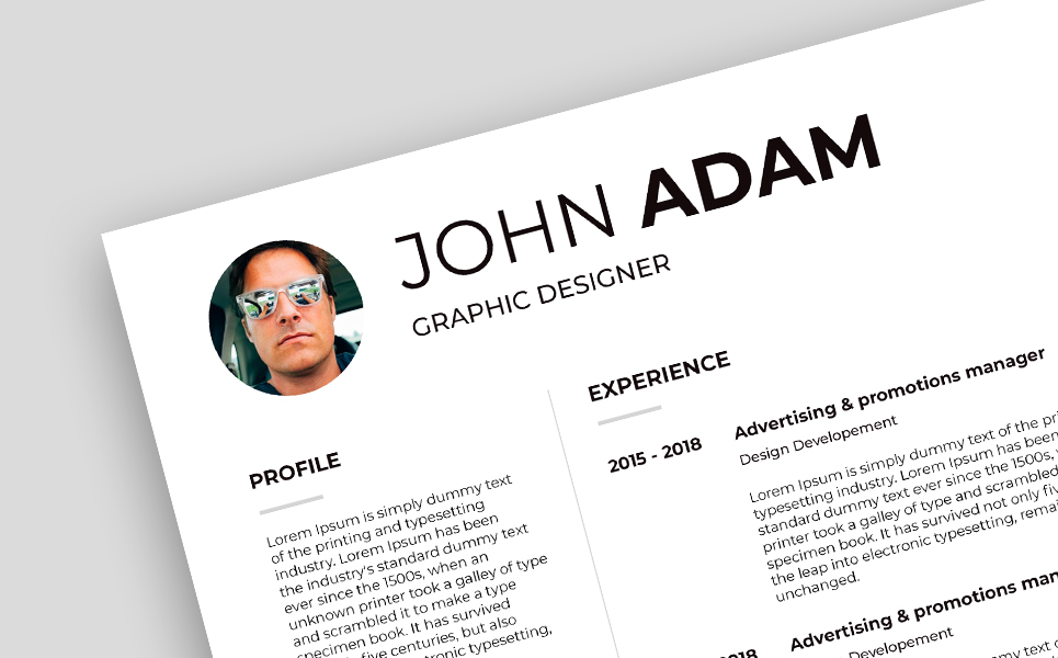 Download Резюме "John Adam - Resume Template" / John Adam - Resume Template - Резюме на тему графика a4 clean resume cv doc elegant template indesign infographic modern professional creative design minimal pages portfolio word us letter