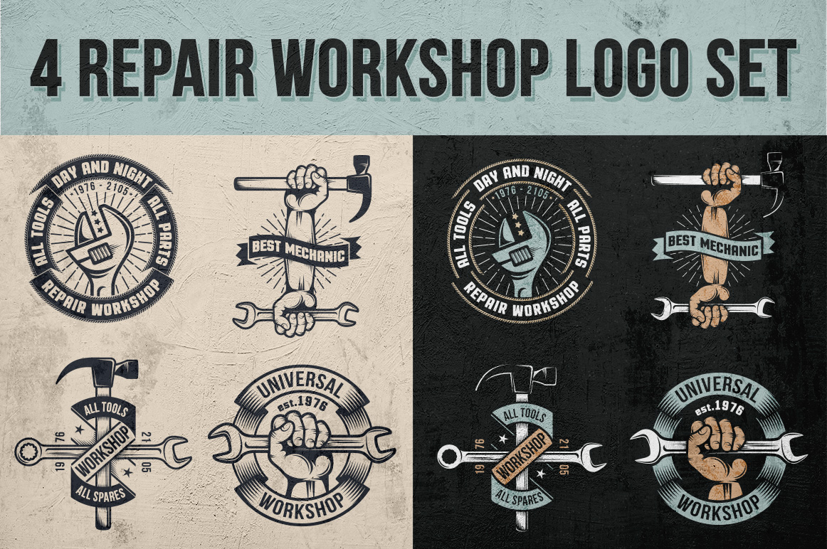 Download Иллюстрация "Repair Workshop Logo set - Illustration" / Repair Workshop Logo set - Illustration - Иллюстрация на тему графика emblem badge label illustration banner professional poster stamp ribbon symbol