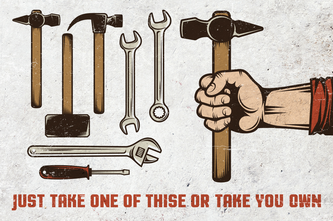 Download Иллюстрация "Hand and Tools Set - Illustration" / Hand and Tools Set - Illustration - Иллюстрация на тему графика emblem badge label illustration banner professional poster stamp ribbon symbol