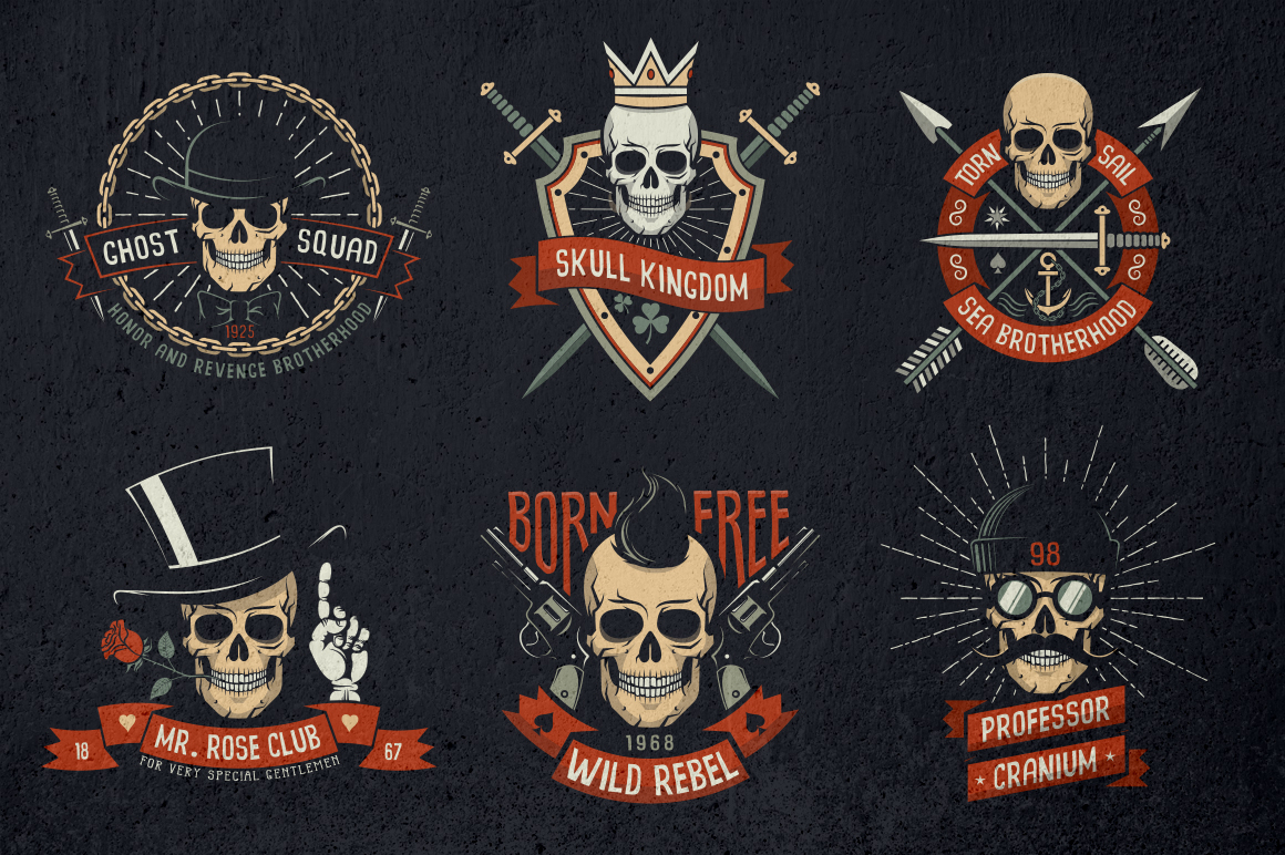 Download Иллюстрация "Skull Logo Set on Dark - Illustration" / Skull Logo Set on Dark - Illustration - Иллюстрация на тему графика emblem badge label illustration banner professional poster stamp ribbon symbol