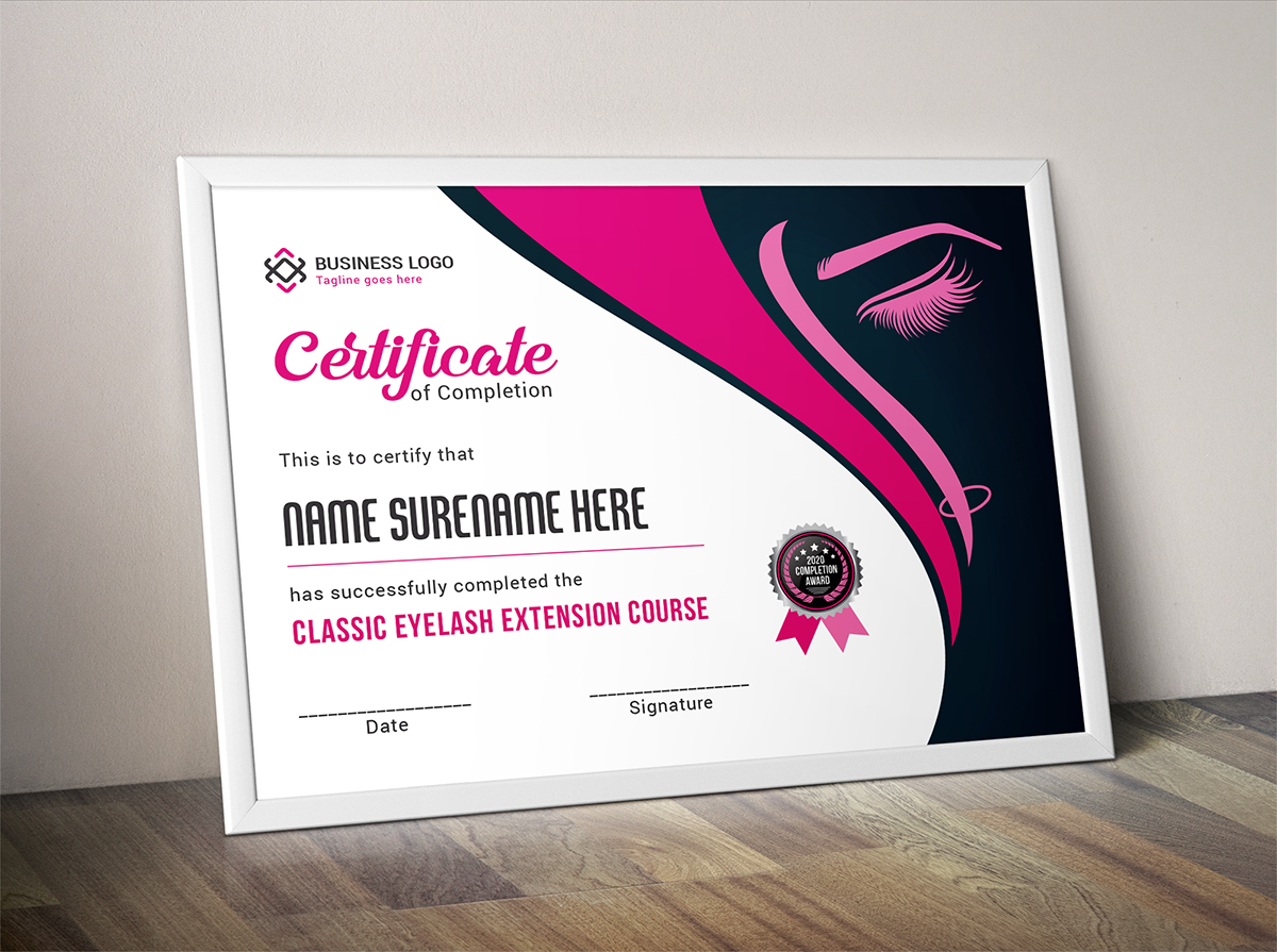Download Шаблон сертификата "Eyelash Extension Certificate Template" / Eyelash Extension Certificate Template - Шаблон сертификата на тему графика achievement appreciation award diploma completion acknowledgement certificates eyelash nail extension modern luxury multipurpose professional training red blue gold green yellow
