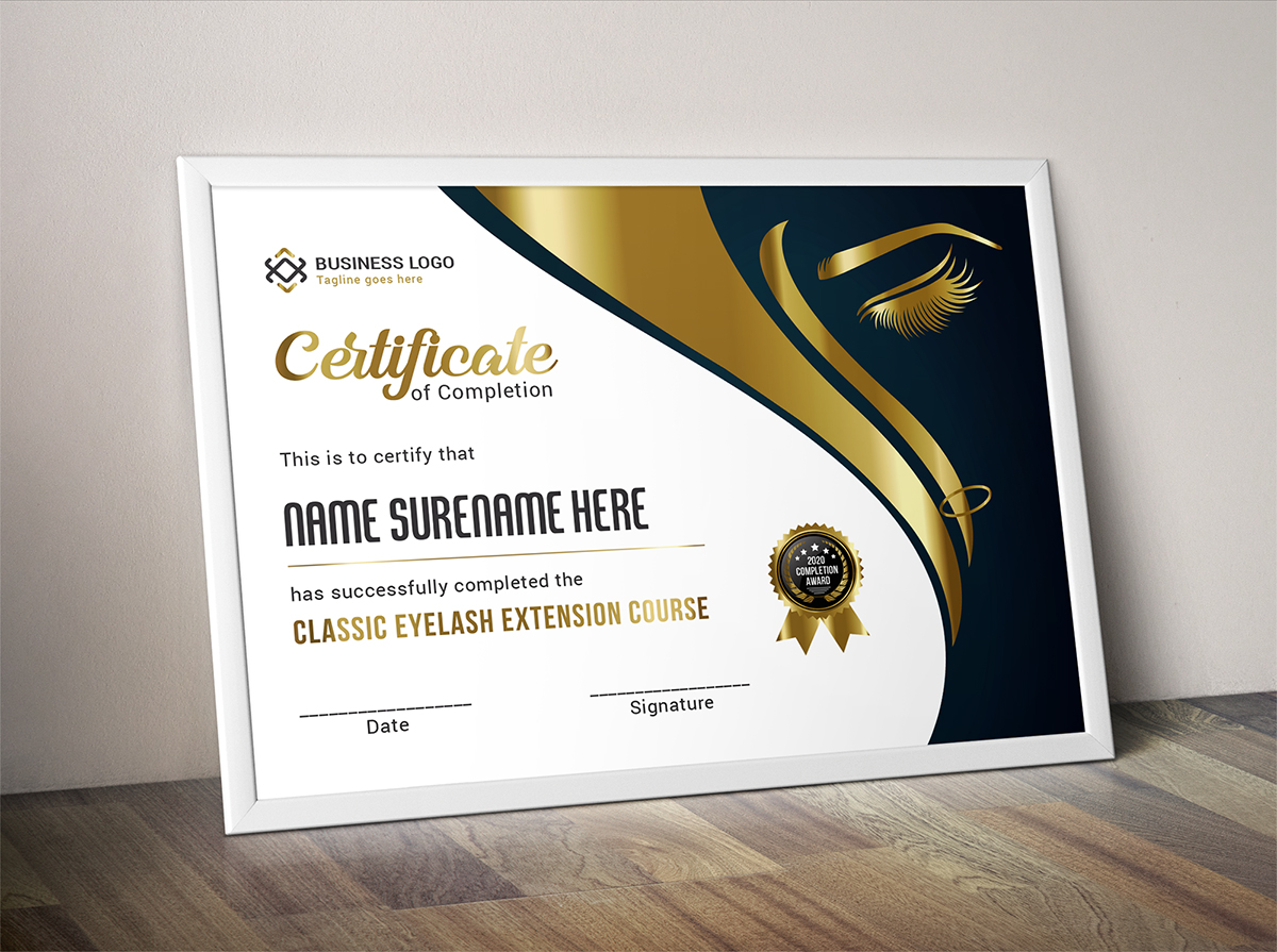 Download Шаблон сертификата "Eyelash Extension Certificate Template" / Eyelash Extension Certificate Template - Шаблон сертификата на тему графика achievement appreciation award diploma completion acknowledgement certificates eyelash nail extension modern luxury multipurpose professional training red blue gold green yellow