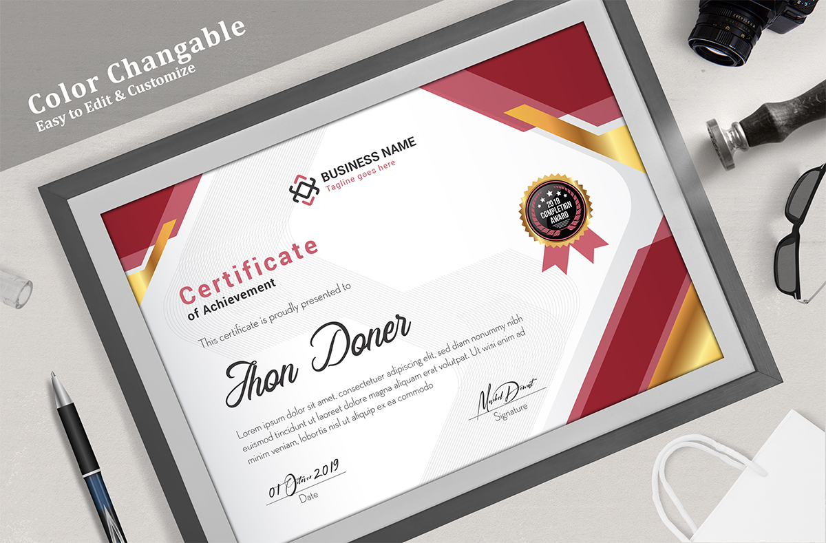 Download Шаблон сертификата "Corporate Elegant Certificate Template" / Corporate Elegant Certificate Template - Шаблон сертификата на тему графика achievement appreciation award diploma completion acknowledgement certificates eyelash nail extension modern luxury multipurpose professional training red blue gold green yellow
