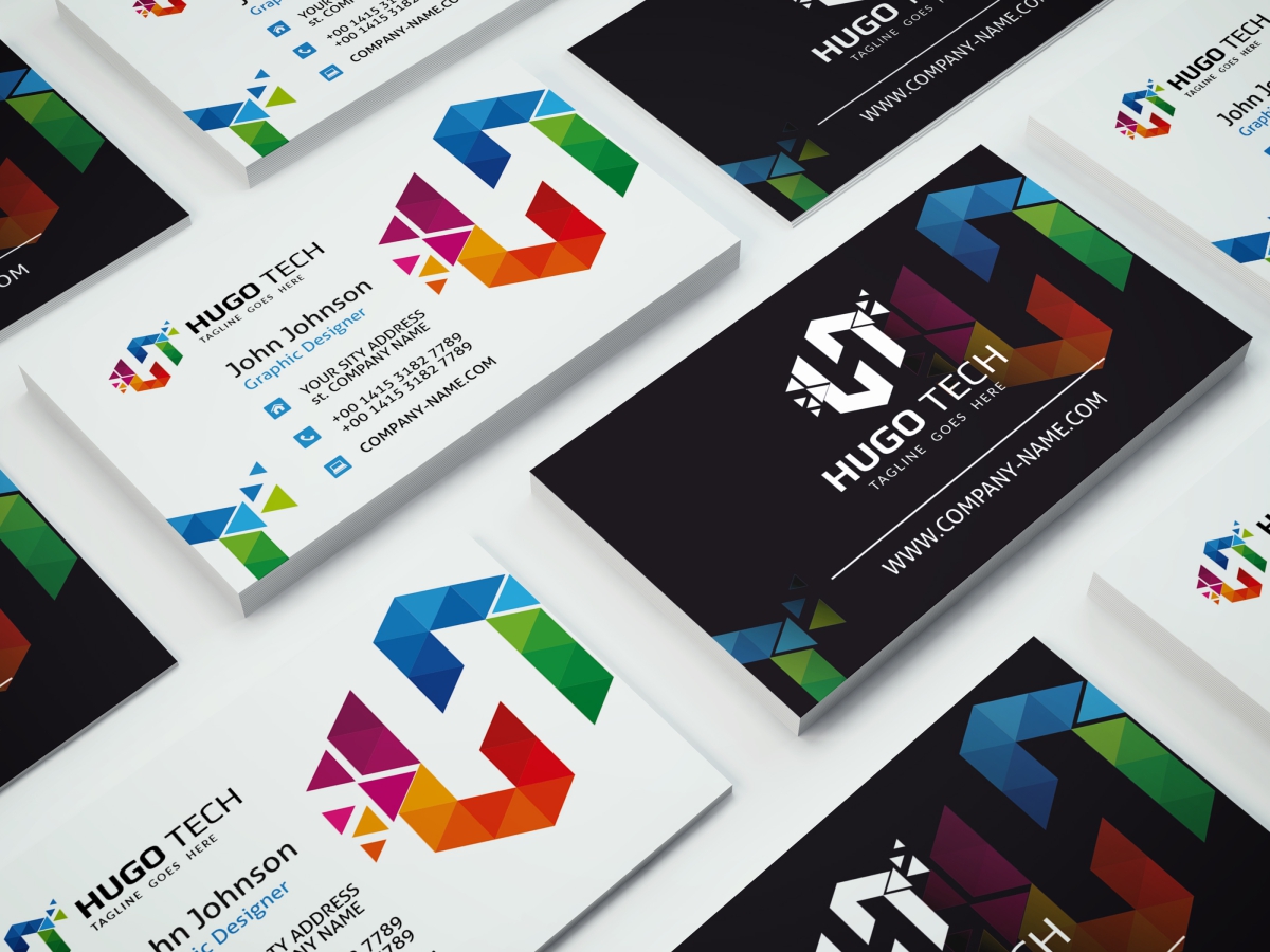 Download Фирменный стиль "Hugo Tech Poligon Business Card - Corporate Identity Template" / Hugo Tech Poligon Business Card - Corporate Identity Template - Фирменный стиль на тему графика agency business card clean color company corporate creative dark grey design designer elegant eps file geniuspoint idml indd indesign minimal