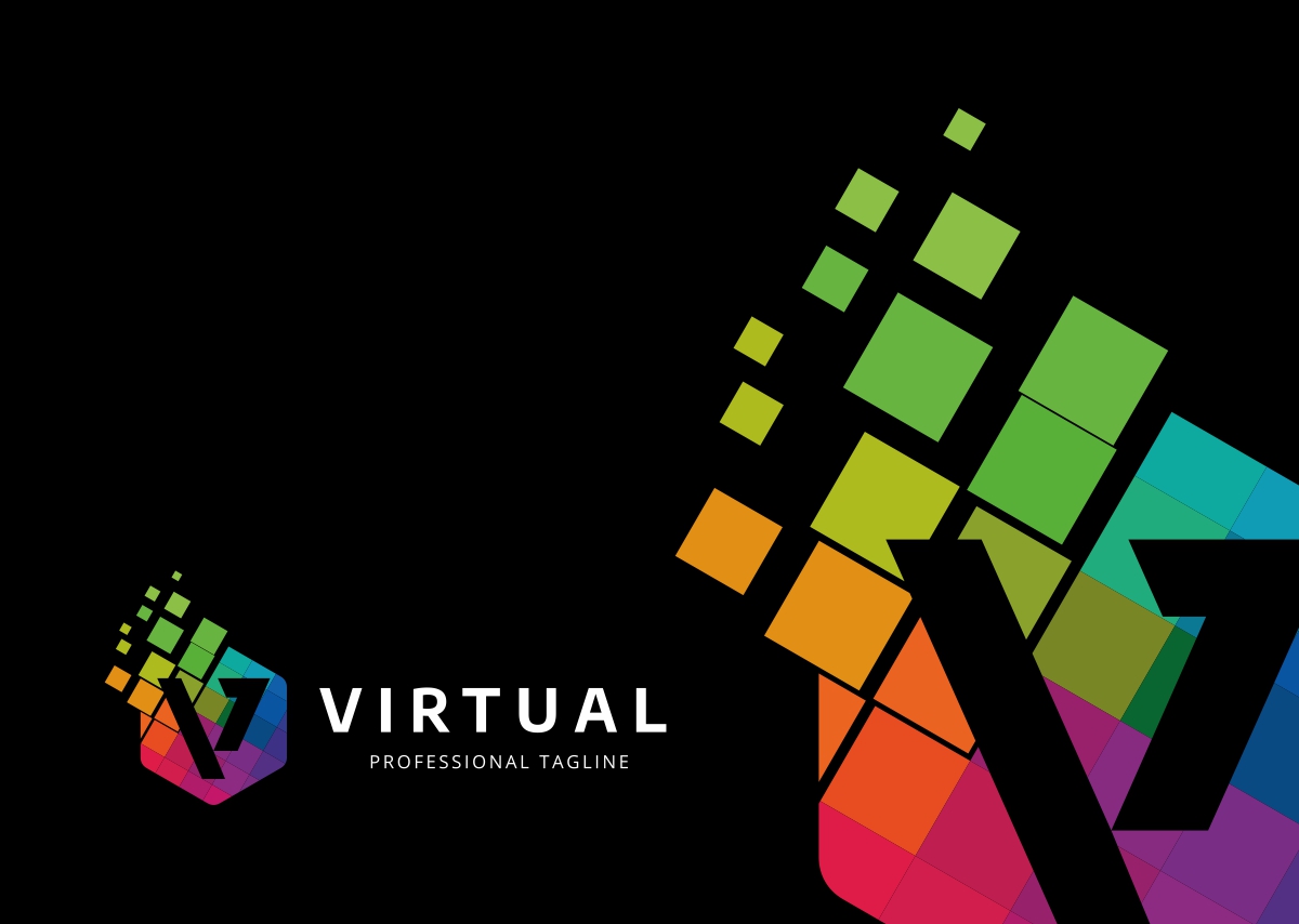 Download Шаблон логотипа "Virtual - V Letter Polygon Logo Template" / Virtual - V Letter Polygon Logo Template - Шаблон логотипа на тему графика alphabet app brand color colour creative design digital graphic icon initial letter v logo media monogram mozaic negative space pixel