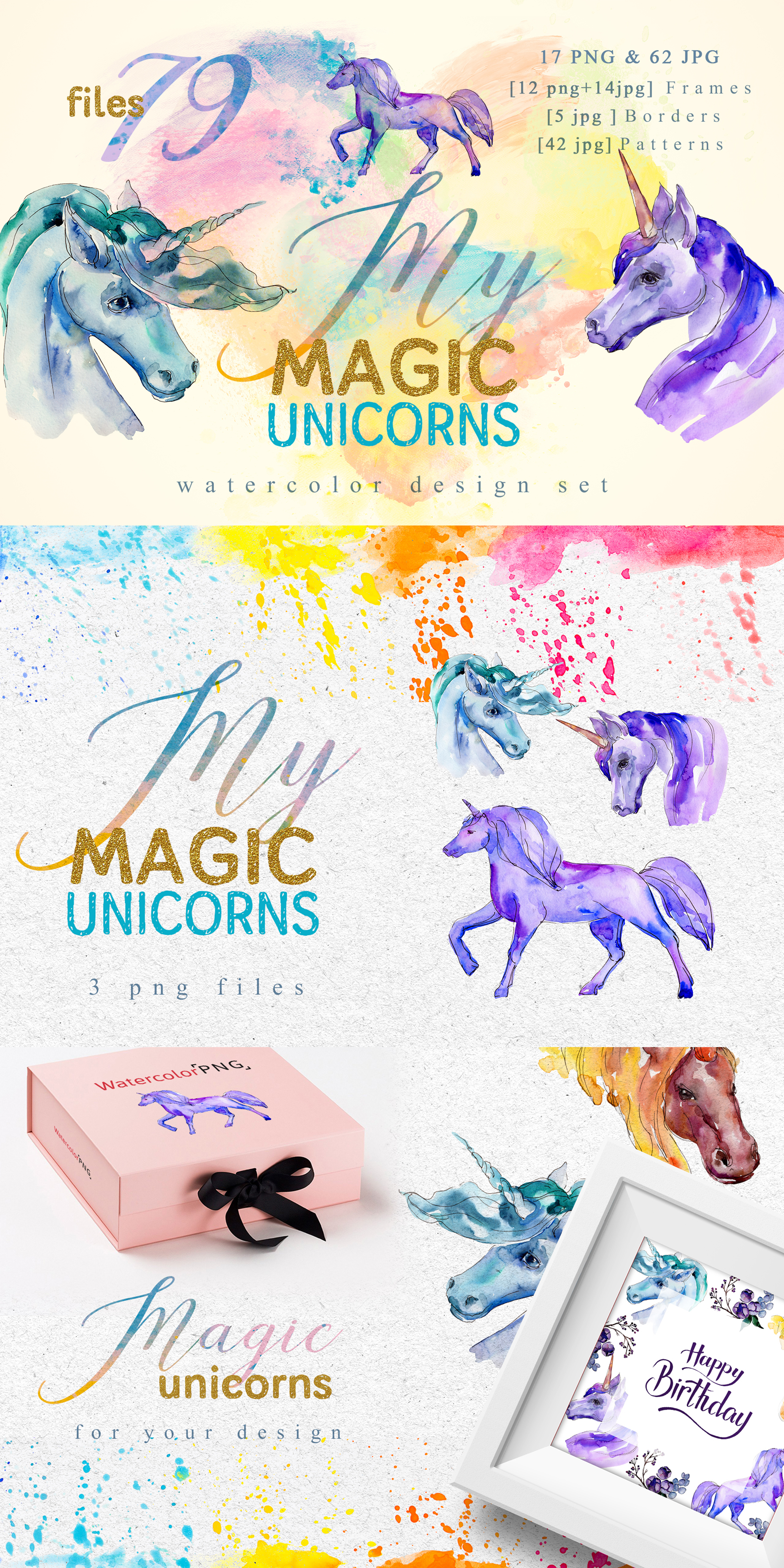 Magic Unicorn Watercolor png Illustrations