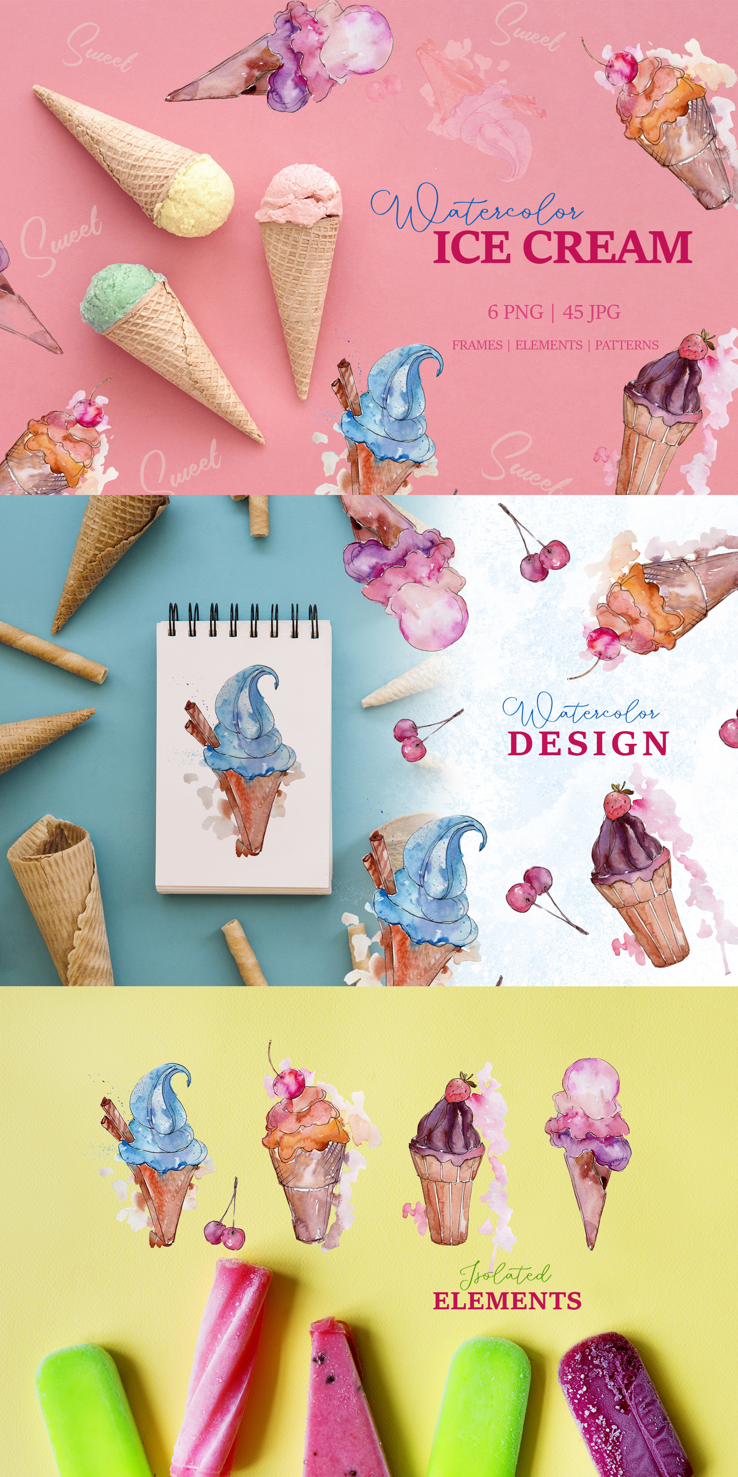 Appetizing Ice Cream Watercolor png Illustrations