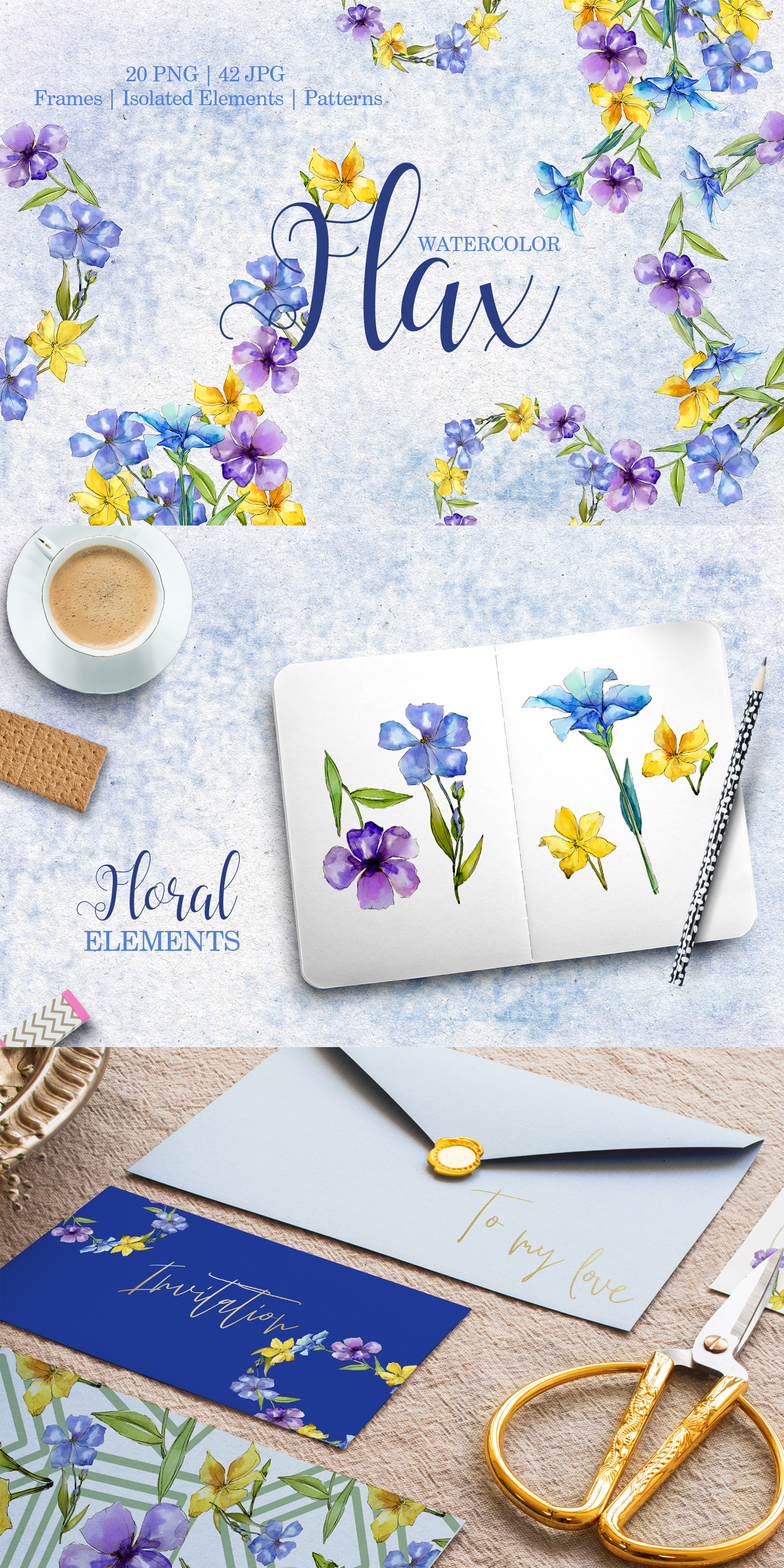 Flax Blue And Yellow Flowers Watercolor Png Illustrations