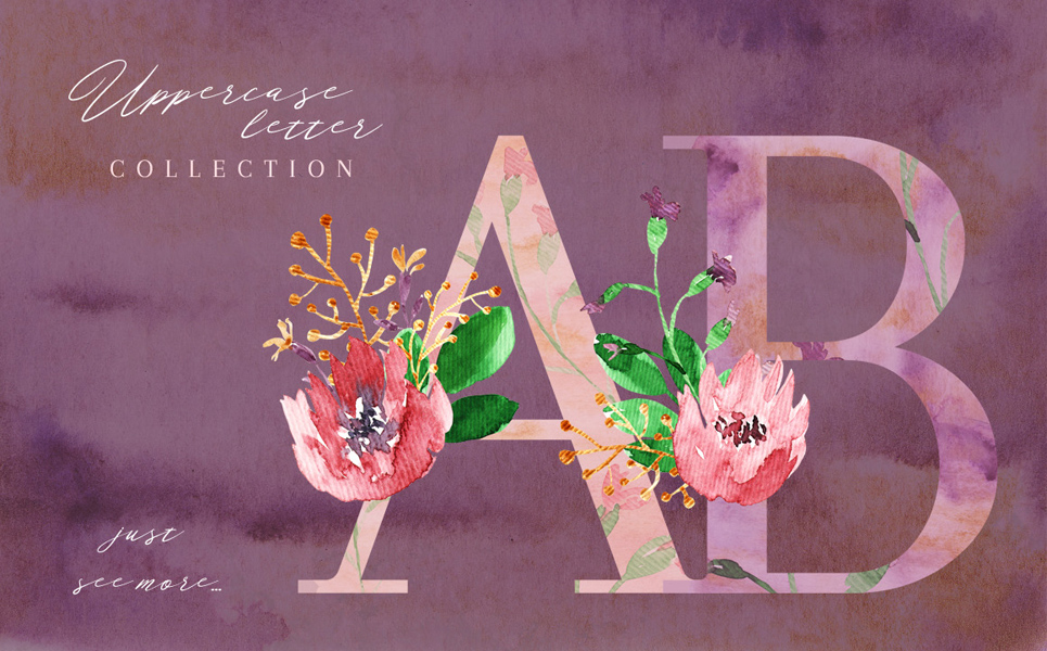 Download Коллекция шрифтов / Golden Bloom - Monogram - Illustration - Иллюстрация на тему графика flower floral alphabet monogram set collection watercolor wedding branding branch purple violet gold golden invitation bloom