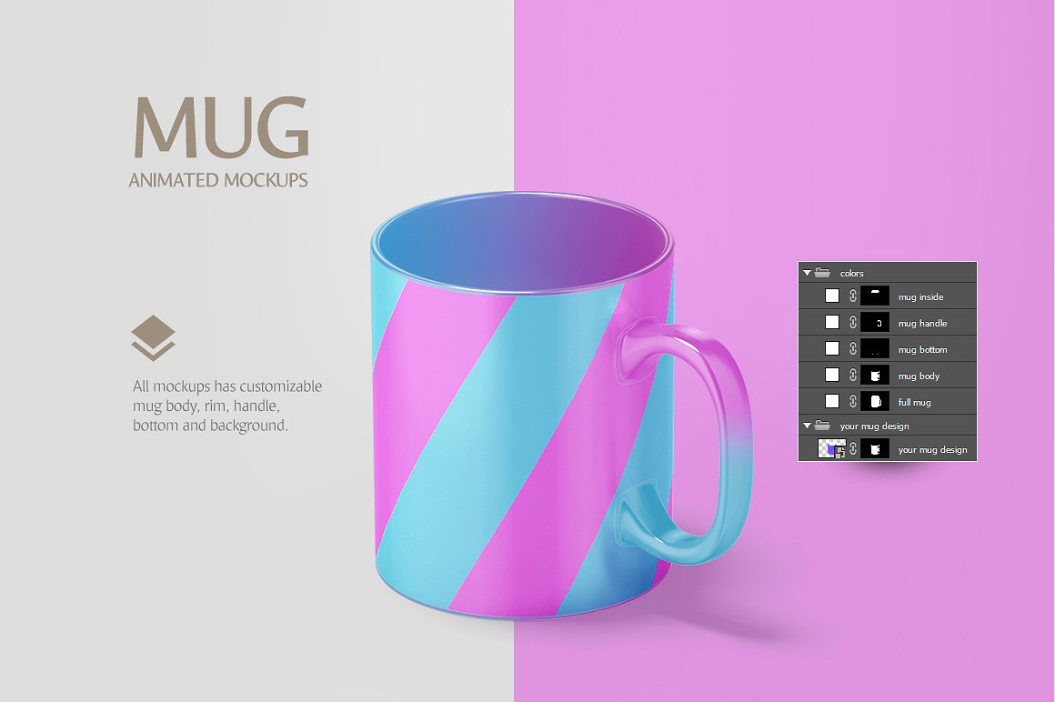 Download Мокап для продукта "Mug Animated product mockup" / Mug Animated product mockup - Мокап для продукта на тему графика mug mockup psd coffee cup drink beverage utensil glassy restaurant bar ceramic present kitchen tankard pattern mugdesign tea display mokcup