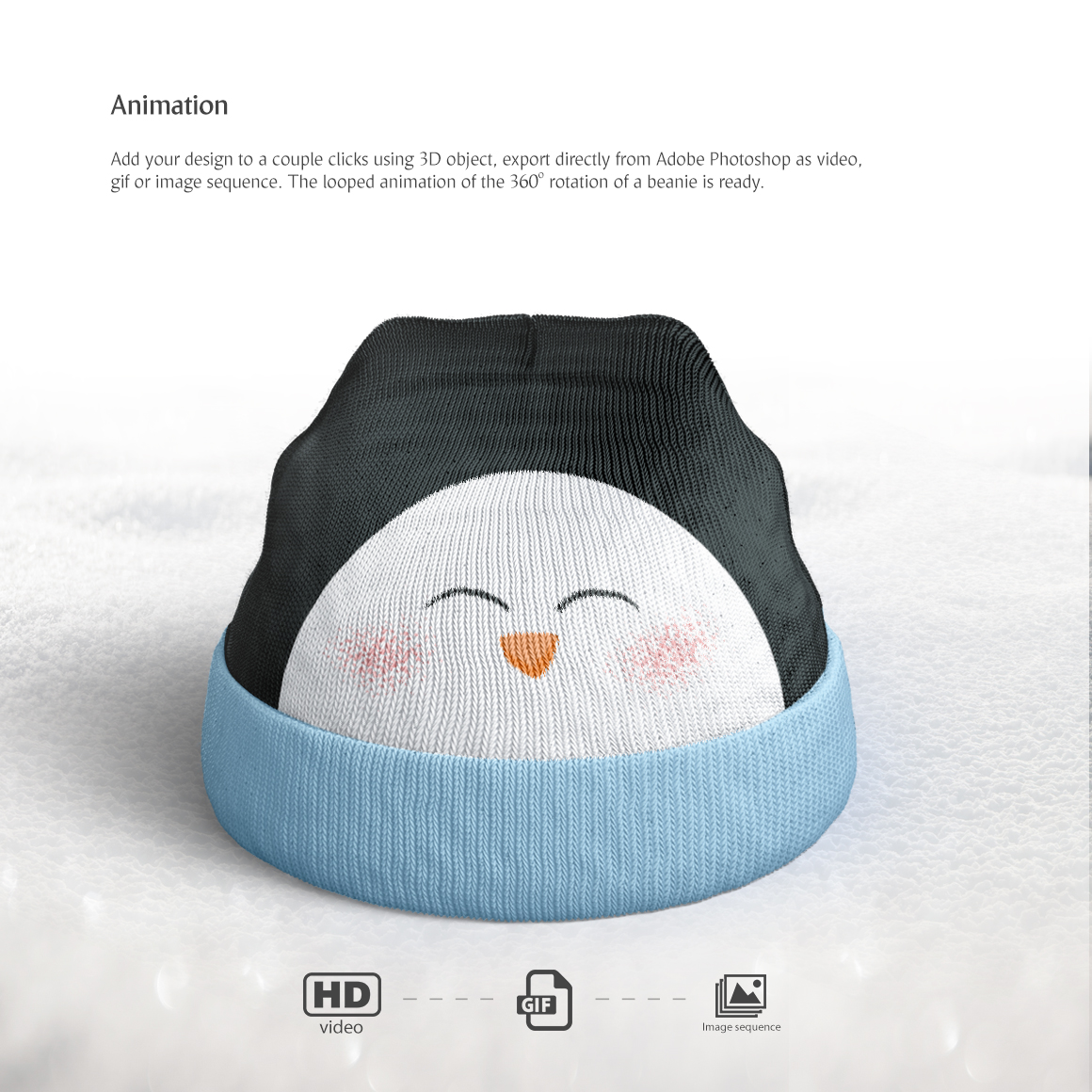 Download Мокап для продукта "Knitted Beanie Animated product mockup" / Knitted Beanie Animated product mockup - Мокап для продукта на тему графика beanie knitted hat mockup psd download cap animated clothing winter accessory cloth fashion animation heat thread knit covering weather headgear