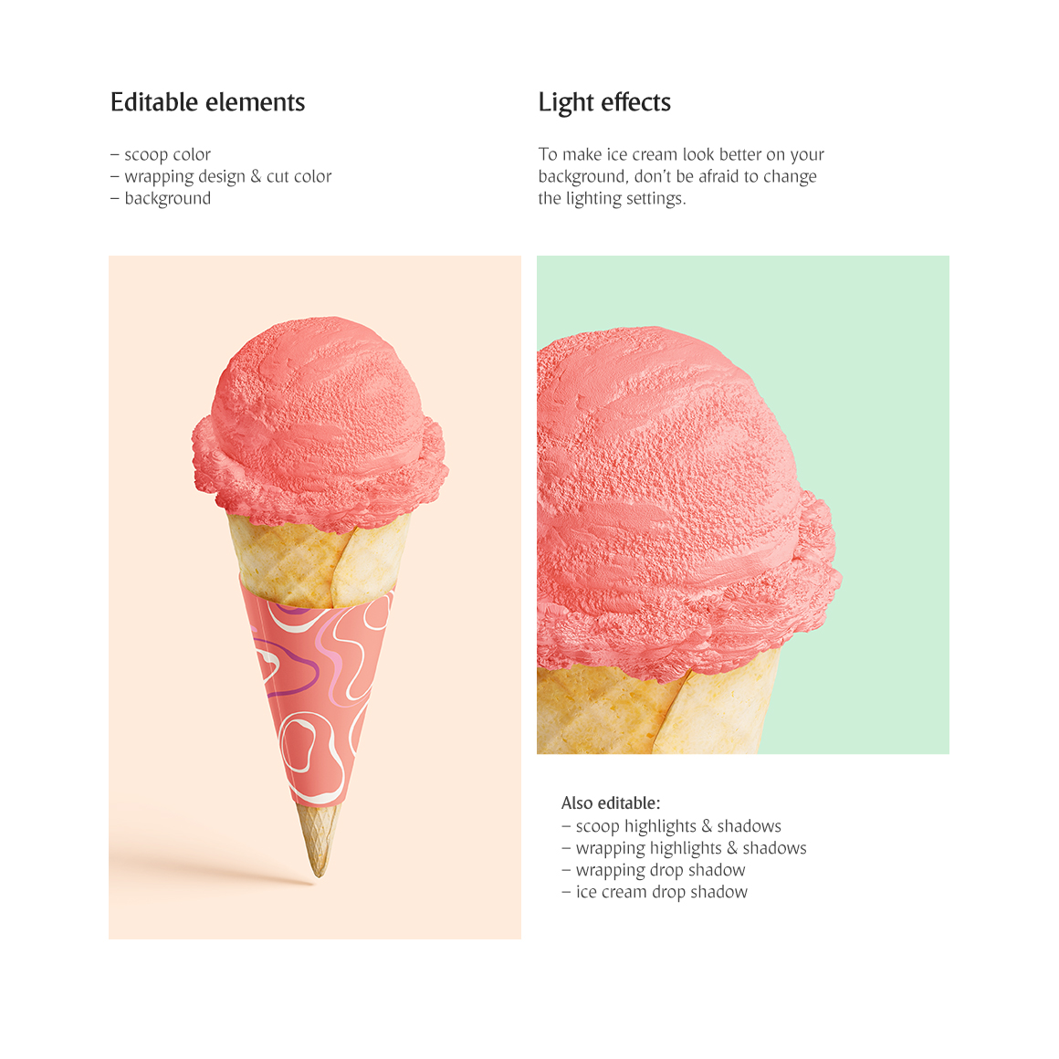Download Мокап для продукта "Ice Cream Cone product mockup" / Ice Cream Cone product mockup - Мокап для продукта на тему графика ice cream cone scoop ball icecream mockup gelato cornet creamy wrapping package sundae ice-pop waffle food packaging dessert pack product