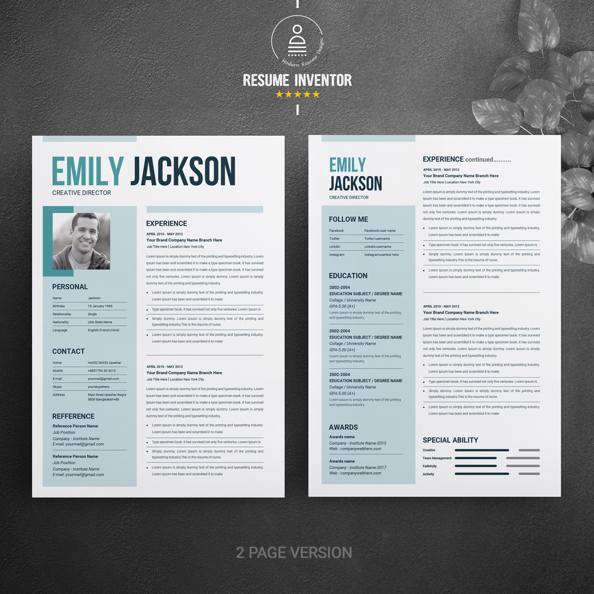 Download Резюме "Emily Jacsion Word Resume Template" / Emily Jacsion Word Resume Template - Резюме на тему графика resume template modern professional creative design word teacher templates simple clean two page free microsoft mac pages photoshop psd illustrator