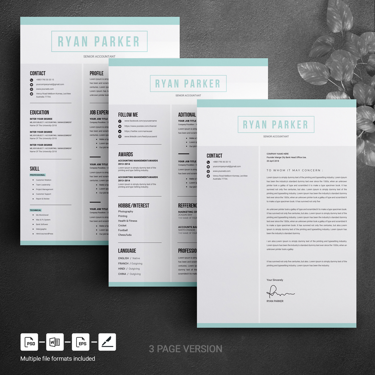 Download Резюме "Ryan Parker  Professional Resume Template" / Ryan Parker  Professional Resume Template - Резюме на тему графика resume template clean cv word modern free templates professional simple design microsoft doc creative minimalist psd cover letter