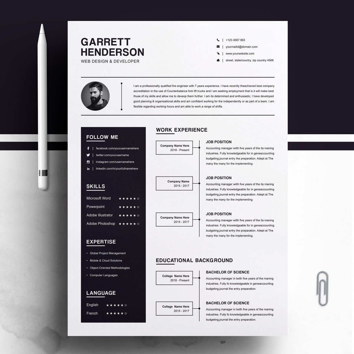 Download Резюме "Garrett Henderson Resume Template" / Garrett Henderson Resume Template - Резюме на тему графика resume template cv modern clean basic two page curriculum vitae creative microsoft word mac pages photoshop psd illustrator eps 1