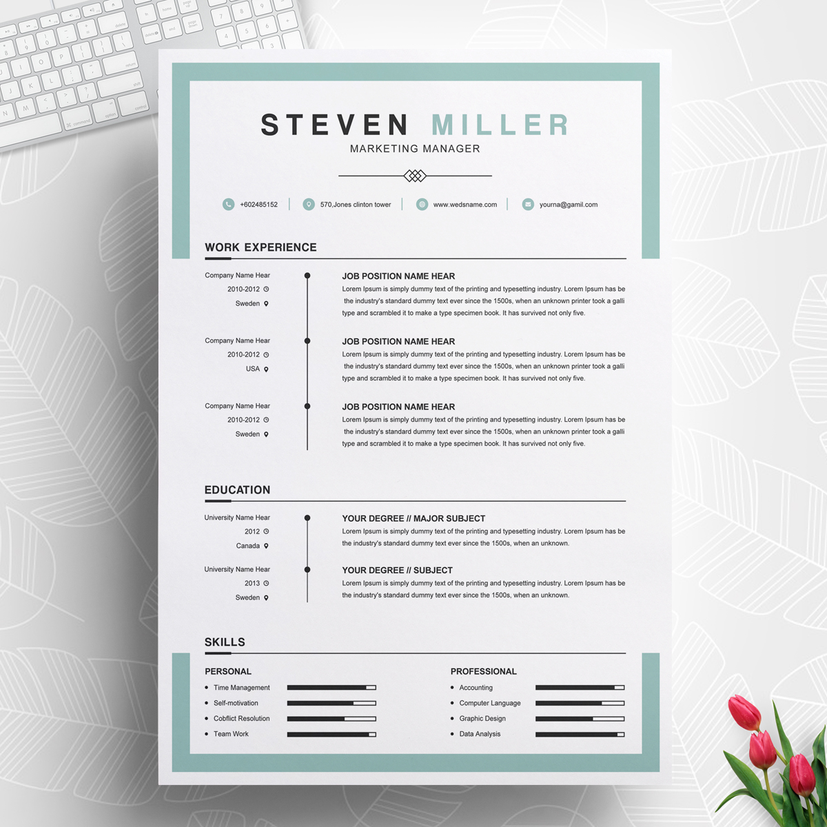 Download Резюме "Steven Miller Resume Template" / Steven Miller Resume Template - Резюме на тему графика resume template cv curriculum vitae modern clean word microsoft minimal professional mac pages photoshop psd illustrator eps 1 page 2