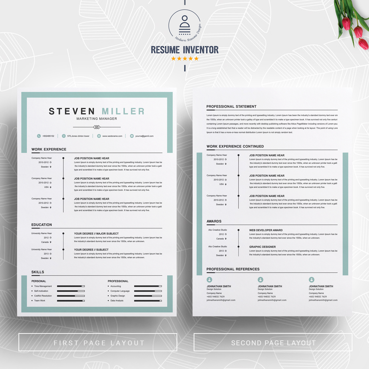 Download Резюме "Steven Miller Resume Template" / Steven Miller Resume Template - Резюме на тему графика resume template cv curriculum vitae modern clean word microsoft minimal professional mac pages photoshop psd illustrator eps 1 page 2