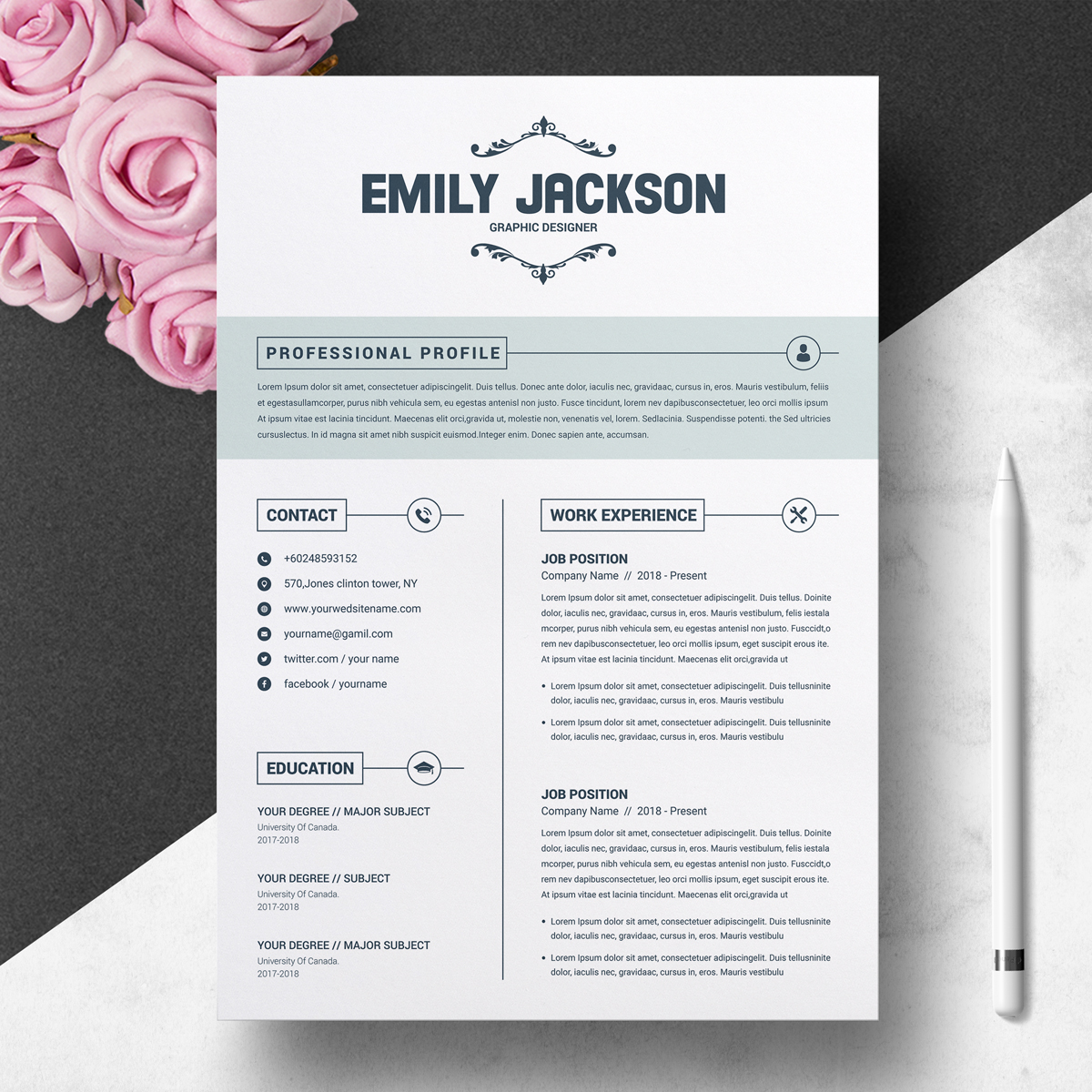 Download Резюме "Emily Jackson Resume Template" / Emily Jackson Resume Template - Резюме на тему графика resume template cv curriculum vitae modern clean word microsoft minimal professional mac pages photoshop psd illustrator eps 1 page 2