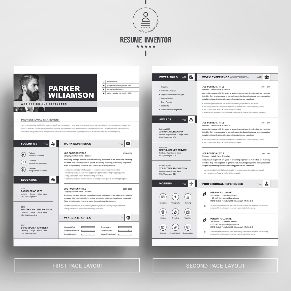 Download Резюме "Parker Resume Template" / Parker Resume Template - Резюме на тему графика resume template cv design psd photoshop word vintage docx templates indesign ms clean professional hipster elegant curriculum vitae cover letter