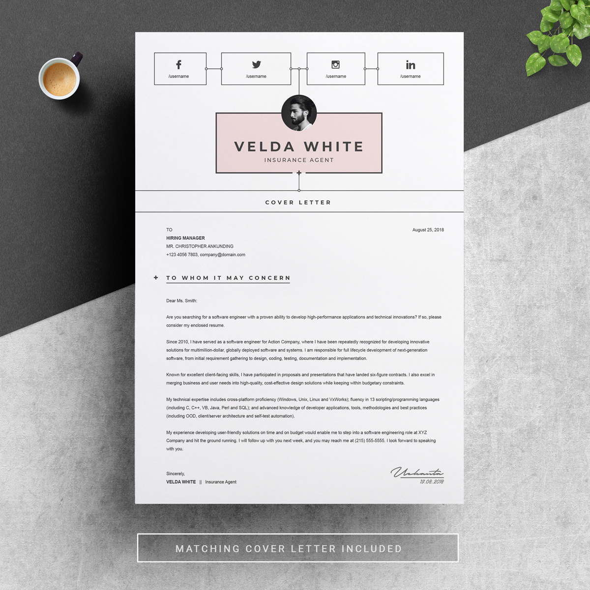 Download Резюме "Velda White Resume Template" / Velda White Resume Template - Резюме на тему графика resume cv clean template simple word ms photoshop shop job indesign creative a4 us letter diy professional 3 page cover