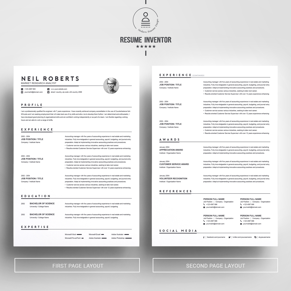 Download Резюме "Neil Roberts Resume Template" / Neil Roberts Resume Template - Резюме на тему графика resume template cv curriculum vitae modern clean word microsoft a4 us letter monochrome minimal diy teacher creative professional feminine