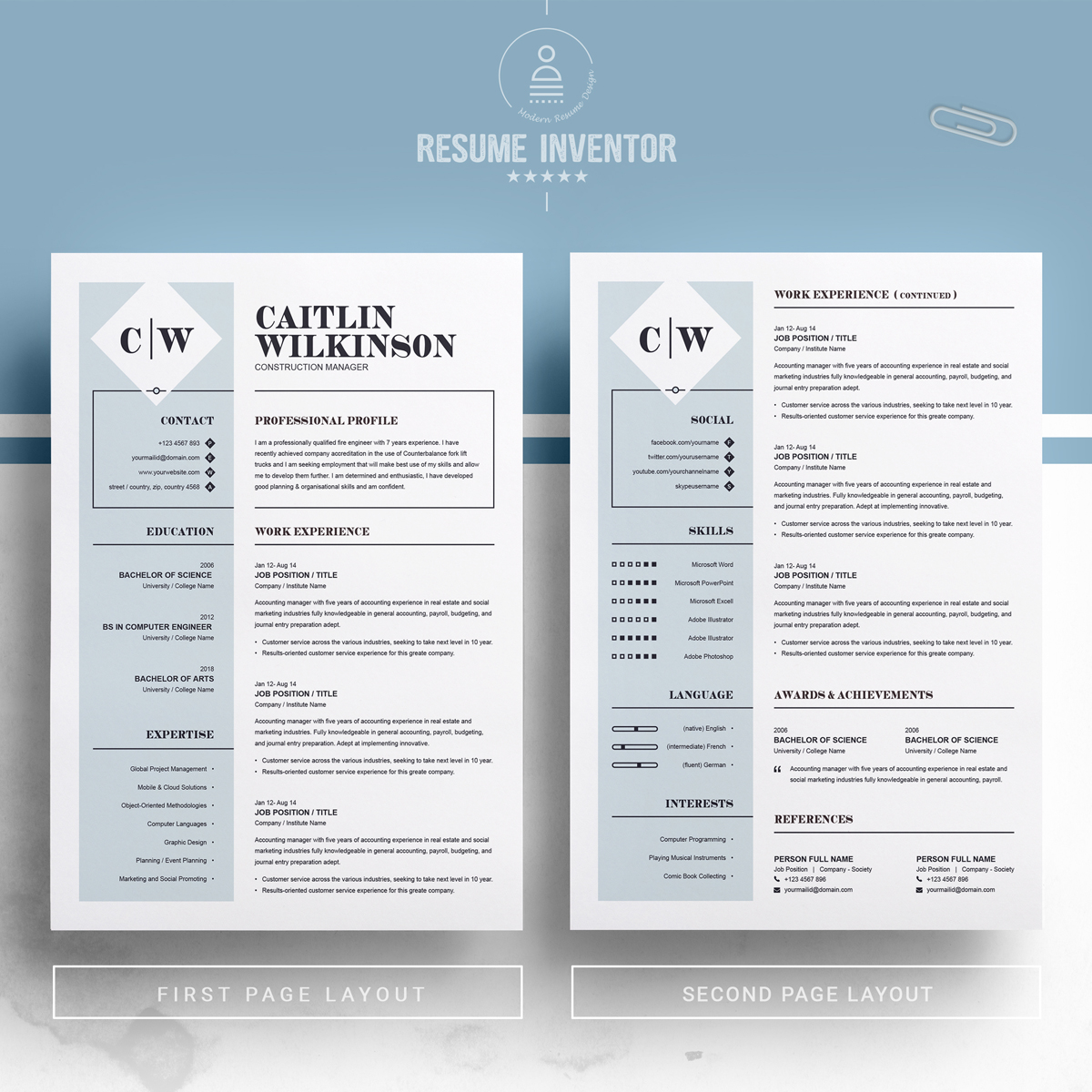 Download Резюме "Wilkinson Resume Template" / Wilkinson Resume Template - Резюме на тему графика 1 page resume 2 3 clean cover letter creative illustrator eps mac pages microsoft word modern photoshop psd professional design