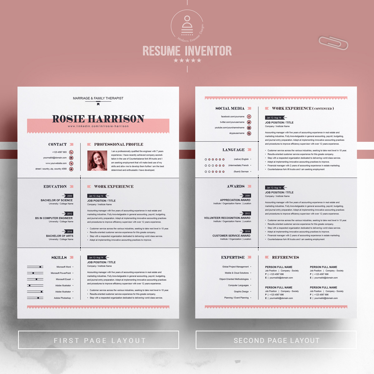 Download Резюме "Rose Resume Template" / Rose Resume Template - Резюме на тему графика resume template black cv and white professional curriculum vitae with photo word free microsoft mac pages photoshop psd illustrator eps