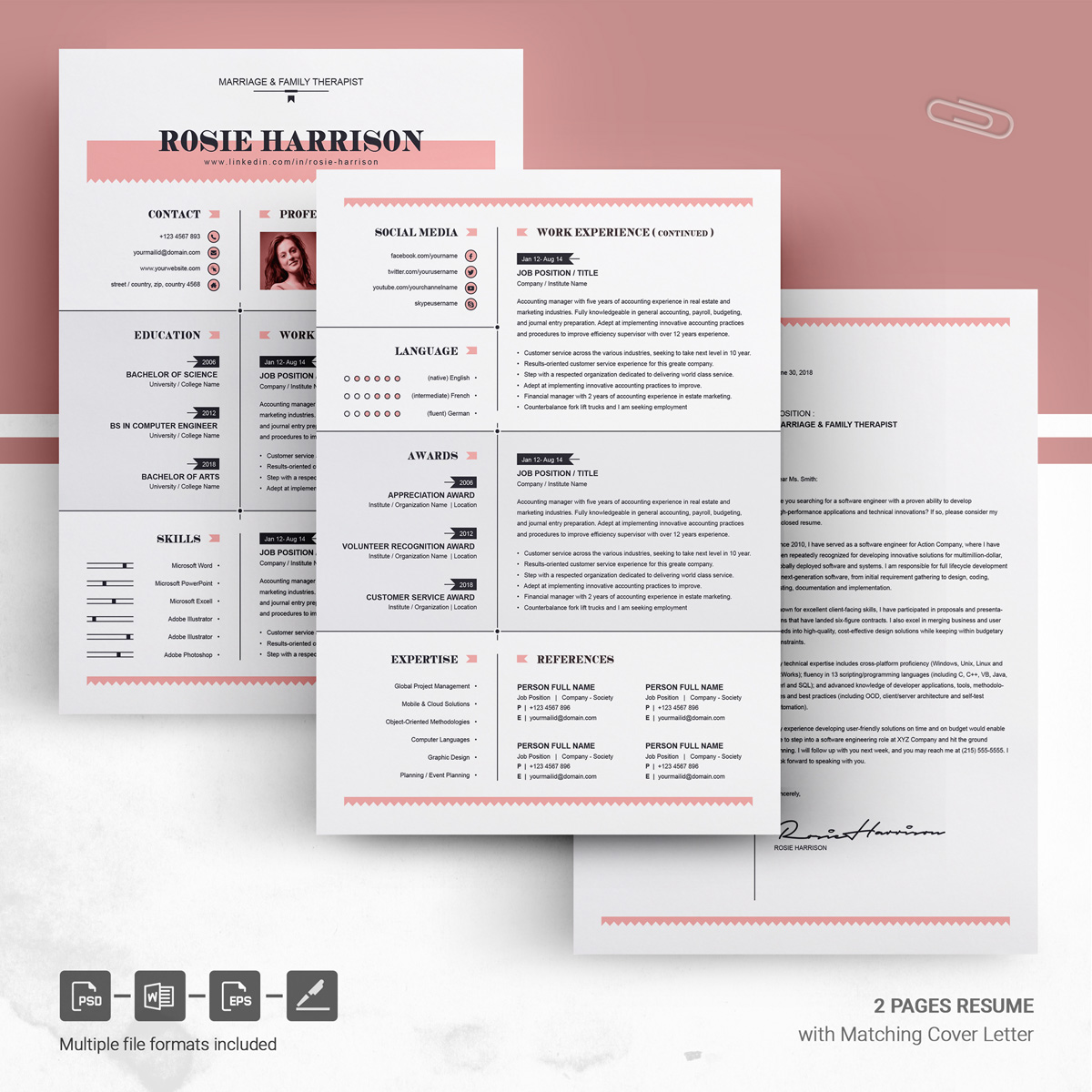 Download Резюме "Rose Resume Template" / Rose Resume Template - Резюме на тему графика resume template black cv and white professional curriculum vitae with photo word free microsoft mac pages photoshop psd illustrator eps