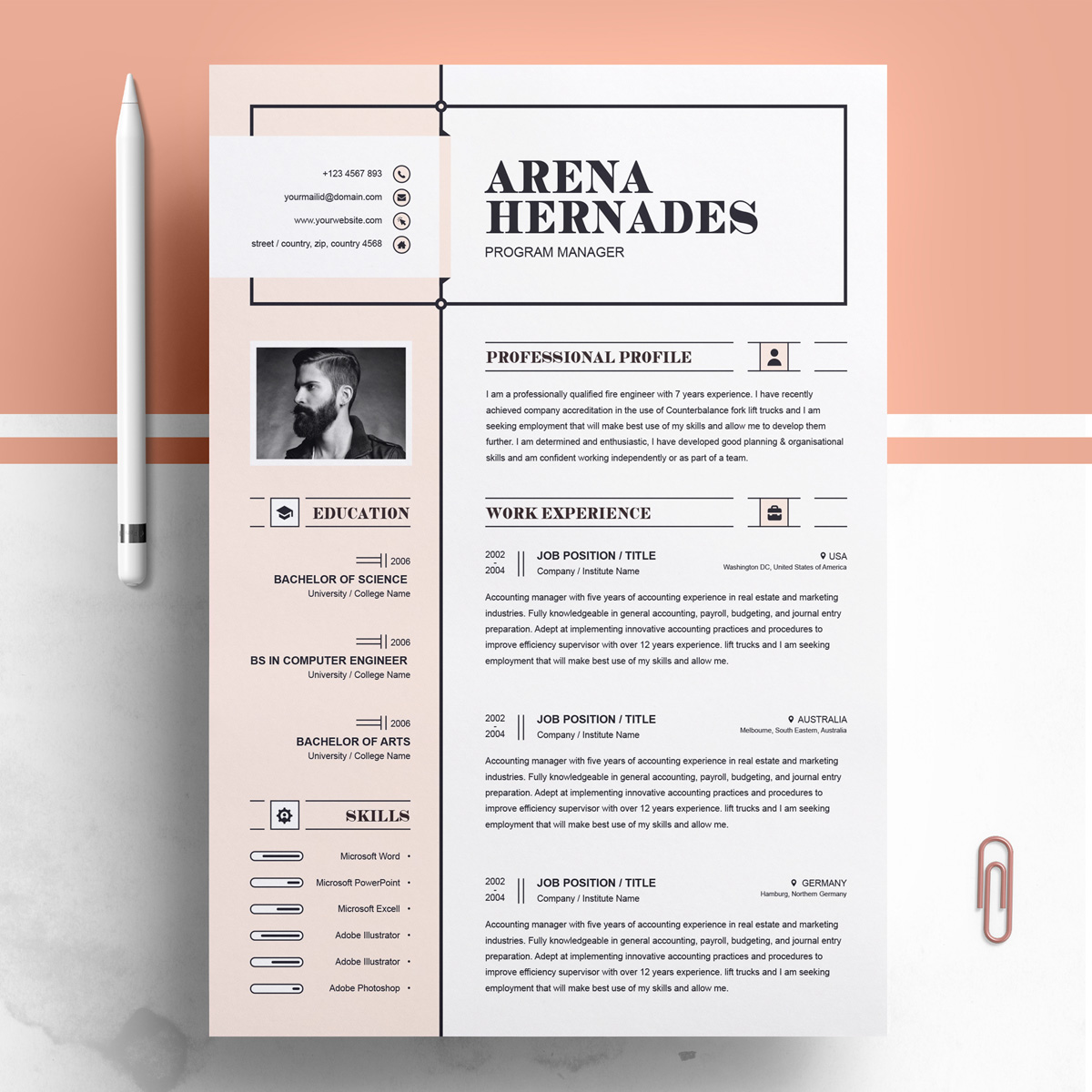 Download Резюме "Arena Resume Template" / Arena Resume Template - Резюме на тему графика resume template black cv and white professional curriculum vitae with photo word free microsoft mac pages photoshop psd illustrator eps