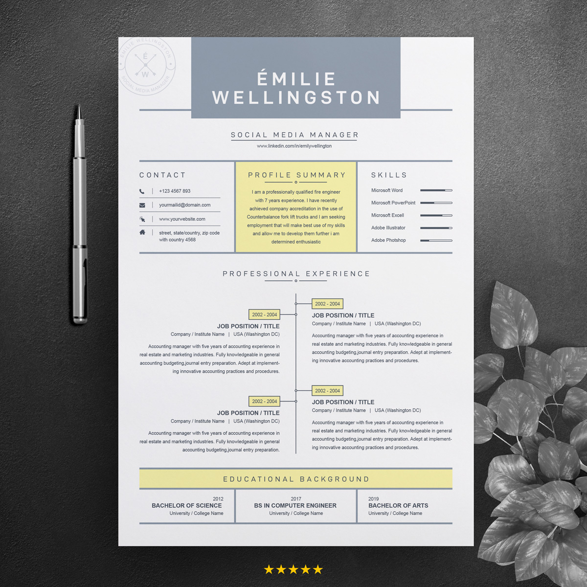 Download Резюме "Emilie Resume Template" / Emilie Resume Template - Резюме на тему графика resume template black cv and white professional curriculum vitae with photo word free microsoft mac pages photoshop psd illustrator eps