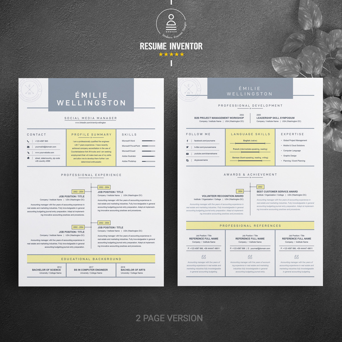 Download Резюме "Emilie Resume Template" / Emilie Resume Template - Резюме на тему графика resume template black cv and white professional curriculum vitae with photo word free microsoft mac pages photoshop psd illustrator eps