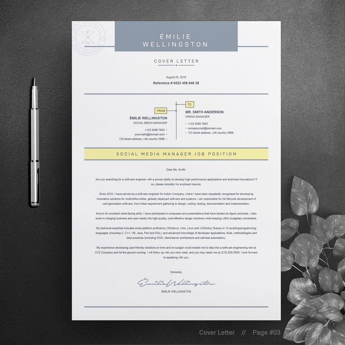 Download Резюме "Emilie Resume Template" / Emilie Resume Template - Резюме на тему графика resume template black cv and white professional curriculum vitae with photo word free microsoft mac pages photoshop psd illustrator eps