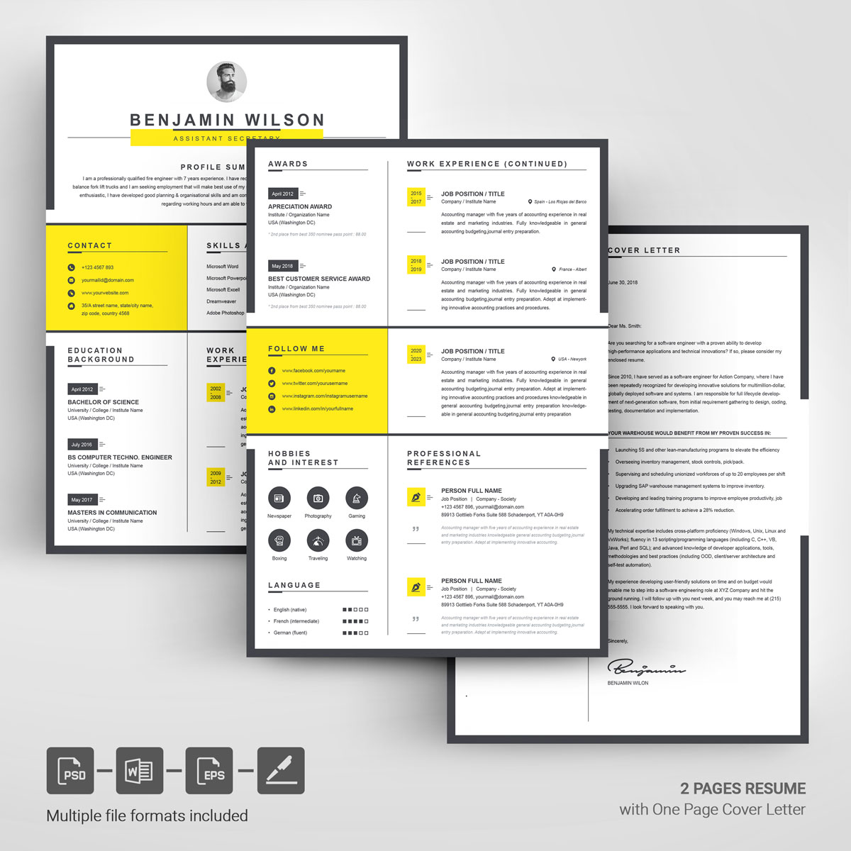 Download Резюме "Benjamin Wilson Resume Template" / Benjamin Wilson Resume Template - Резюме на тему графика 1 page resume 2 3 basic cv clean cover letter creative curriculum vitae template illustrator eps microsoft word modern photoshop
