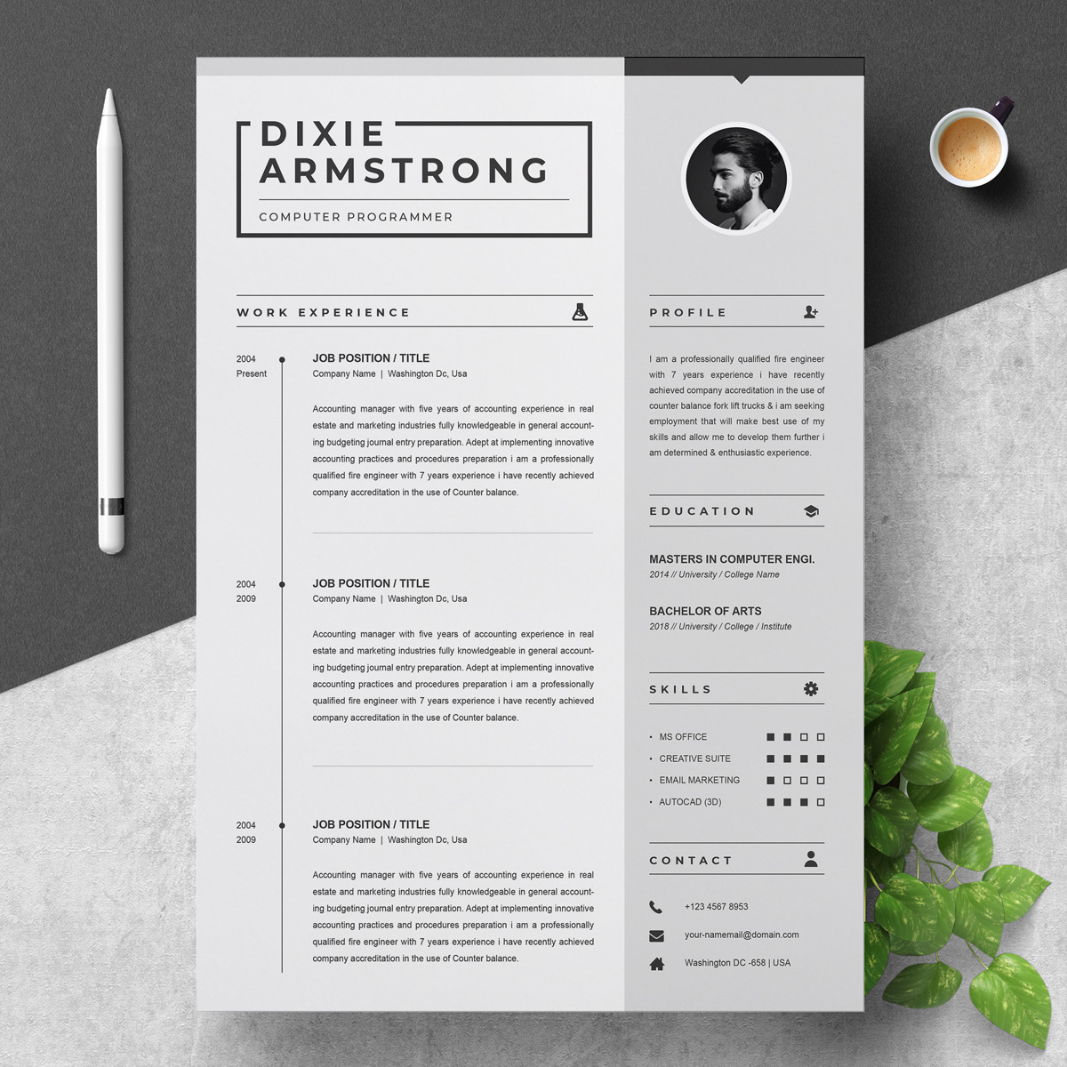 Download Резюме "Dixie Resume Template" / Dixie Resume Template - Резюме на тему графика resume template professional cv design word clean modern 2 page microsoft mac pages photoshop psd illustrator eps 1 3 cover