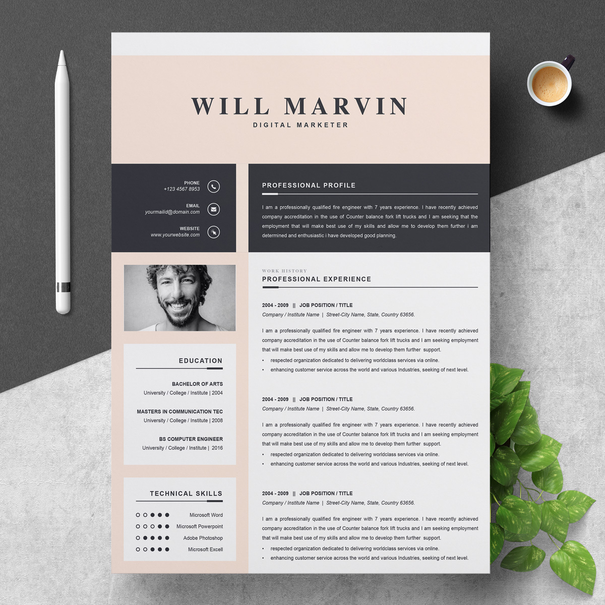 Download Резюме "Will Marvin Resume Template" / Will Marvin Resume Template - Резюме на тему графика resume template professional cv design word clean modern 2 page microsoft mac pages photoshop psd illustrator eps 1 3 cover