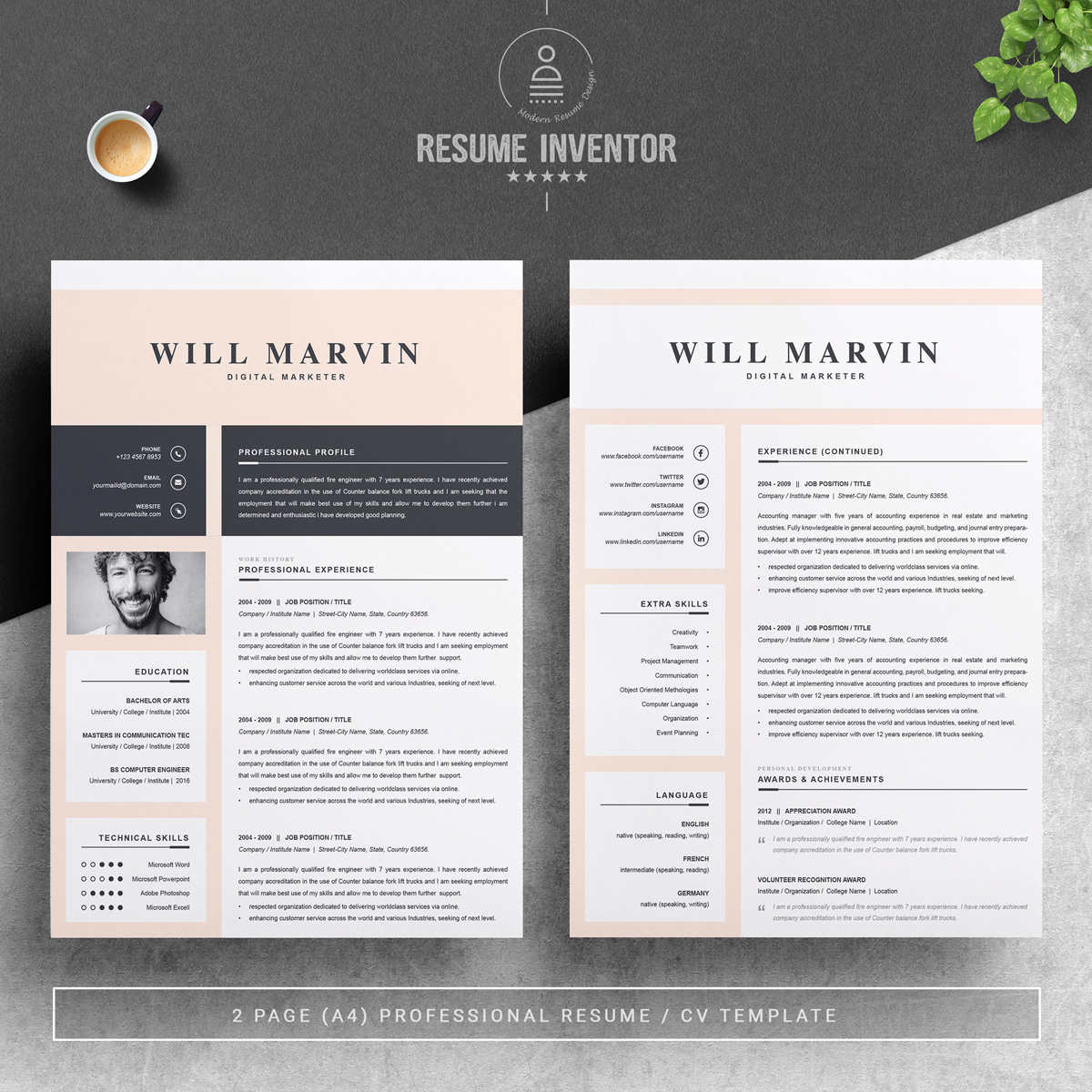 Download Резюме "Will Marvin Resume Template" / Will Marvin Resume Template - Резюме на тему графика resume template professional cv design word clean modern 2 page microsoft mac pages photoshop psd illustrator eps 1 3 cover