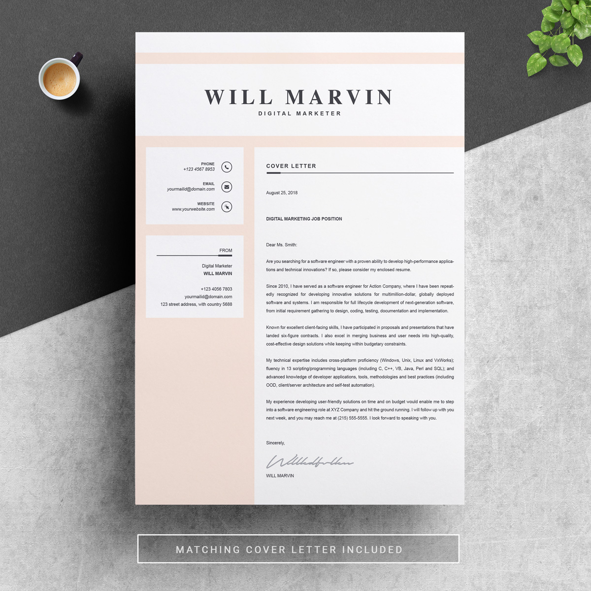 Download Резюме "Will Marvin Resume Template" / Will Marvin Resume Template - Резюме на тему графика resume template professional cv design word clean modern 2 page microsoft mac pages photoshop psd illustrator eps 1 3 cover