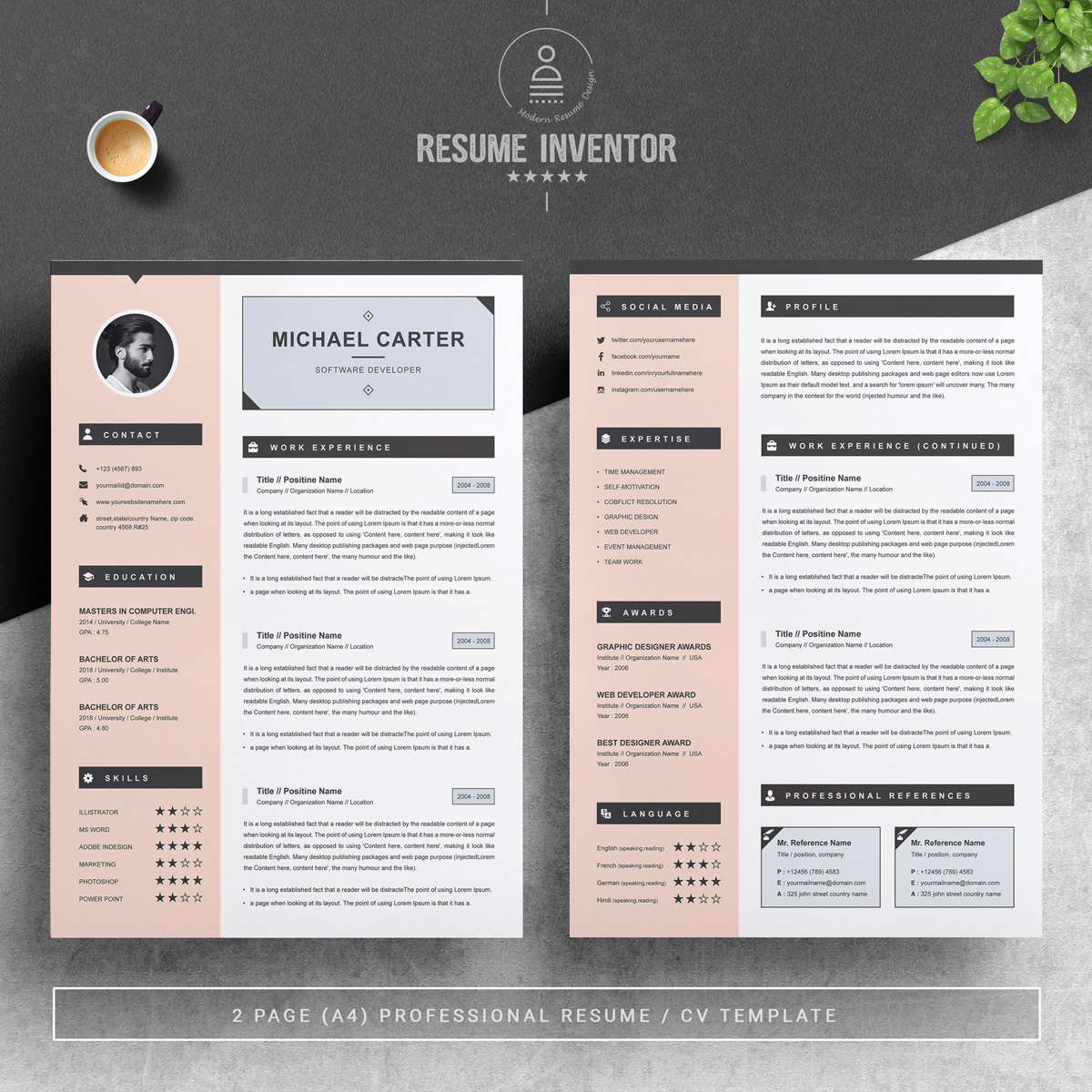 Download Резюме "Michael Carter - Resume Template" / Michael Carter - Resume Template - Резюме на тему графика professional resume cv template design word clean modern 2 page cover letter apple pages psd minimal microsoft mac photoshop illustrator