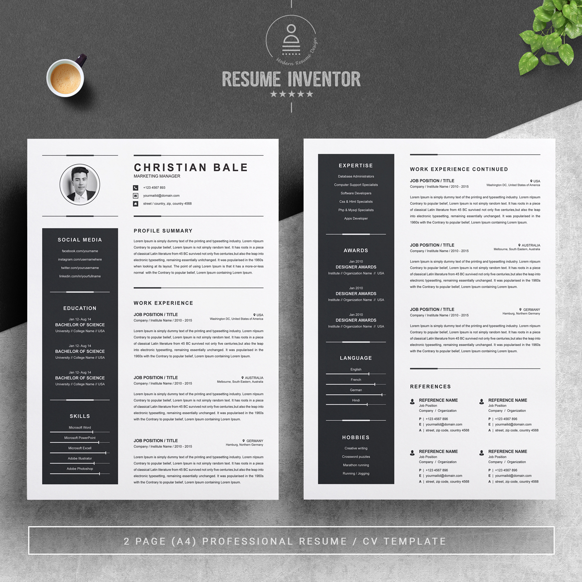 Download Резюме "Christian Bale - Resume Template" / Christian Bale - Resume Template - Резюме на тему графика professional resume cv template design word clean modern 2 page cover letter apple pages psd minimal microsoft mac photoshop illustrator